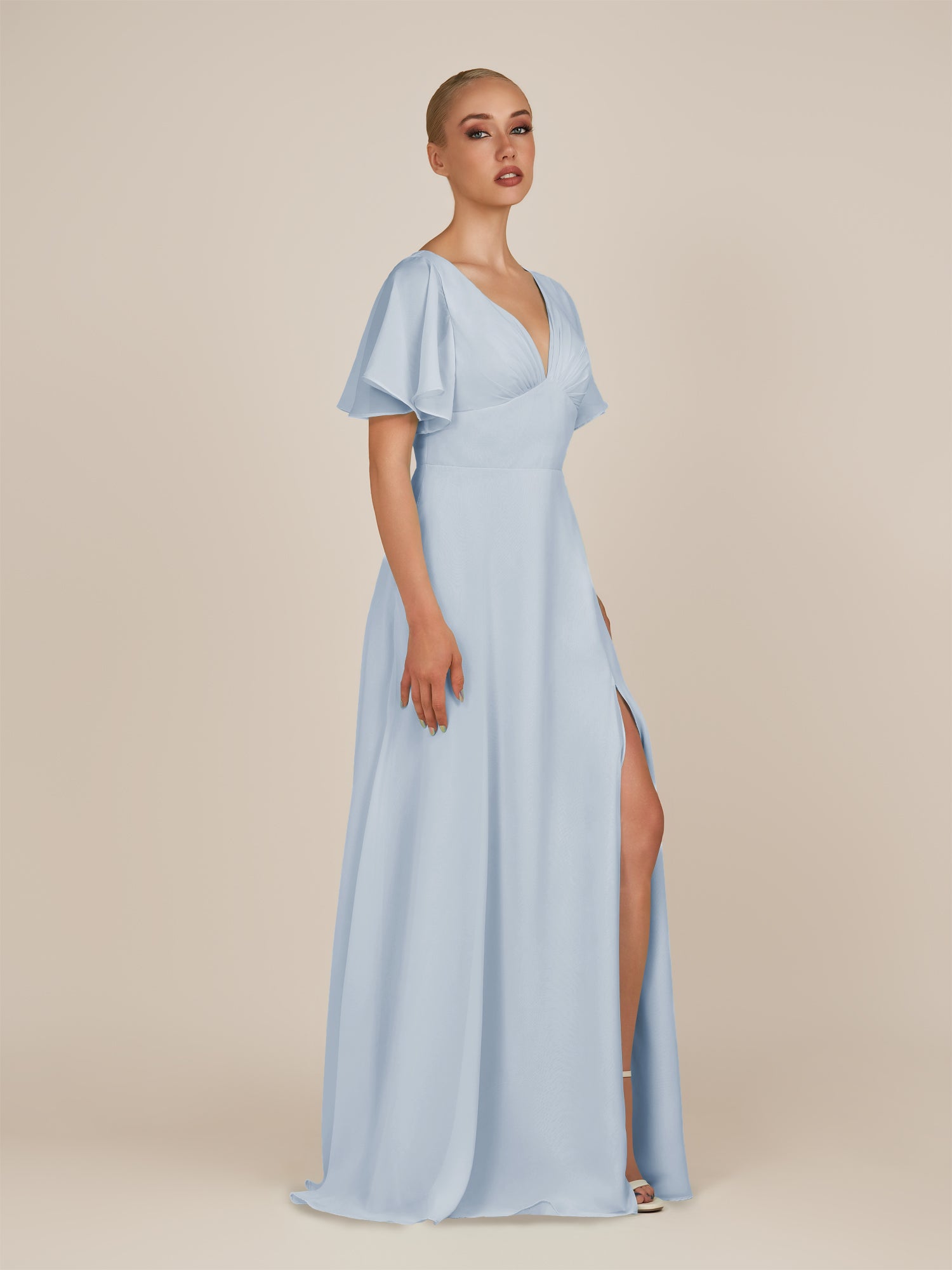KissDress-Zorina Ice Sheath Chiffon Cap Sleeves V Neck Long Bridesmaid Dress with Slit
