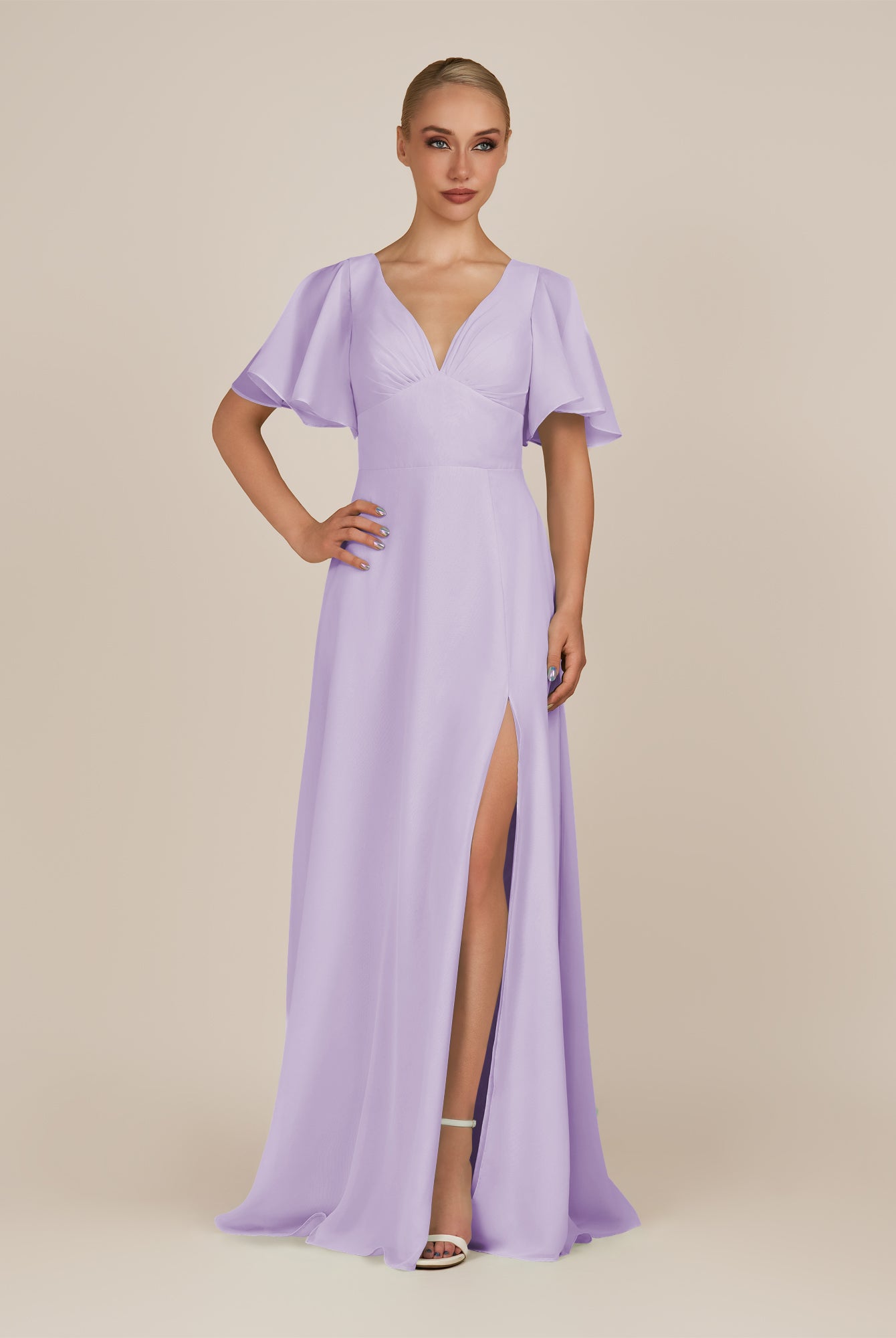 KissDress-Zorina Lavender Sheath Chiffon Cap Sleeves V Neck Long Bridesmaid Dress with Slit