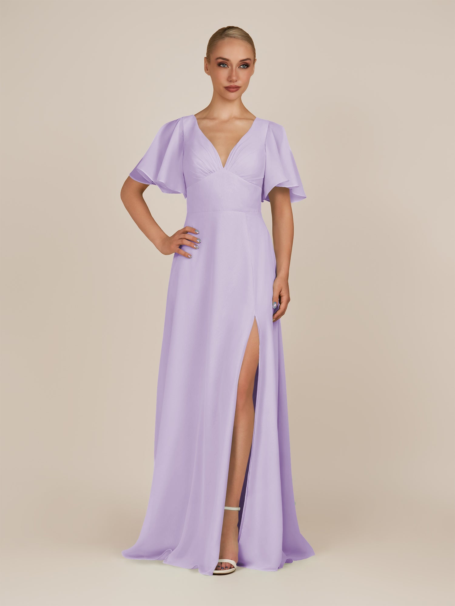 KissDress-Zorina Lavender Sheath Chiffon Cap Sleeves V Neck Long Bridesmaid Dress with Slit