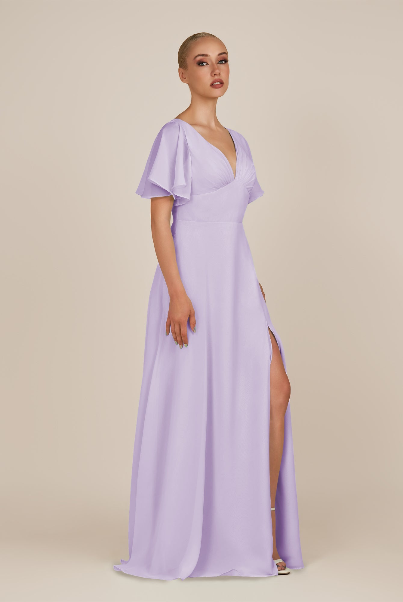 KissDress-Zorina Lavender Sheath Chiffon Cap Sleeves V Neck Long Bridesmaid Dress with Slit