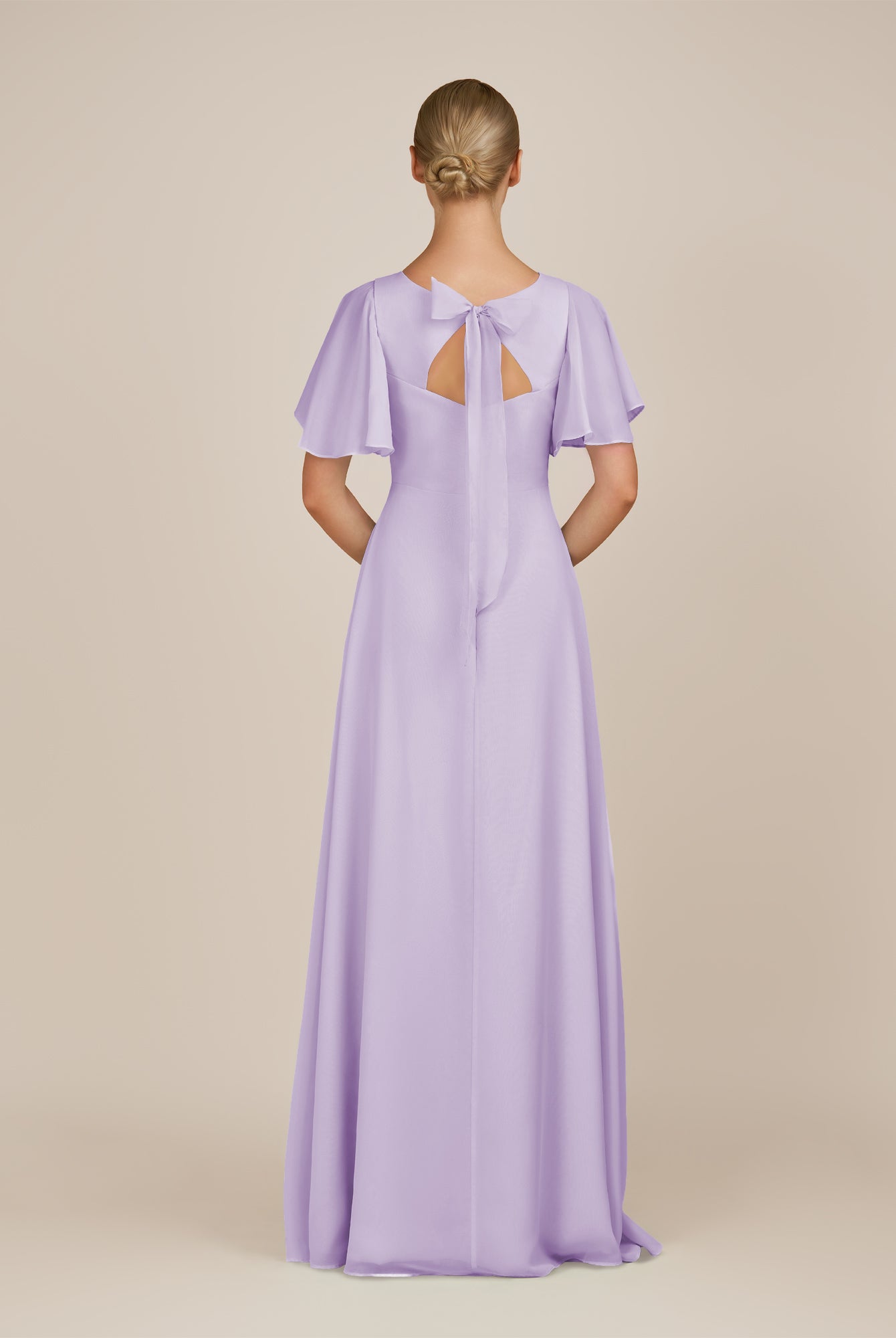 KissDress-Zorina Lavender Sheath Chiffon Cap Sleeves V Neck Long Bridesmaid Dress with Slit