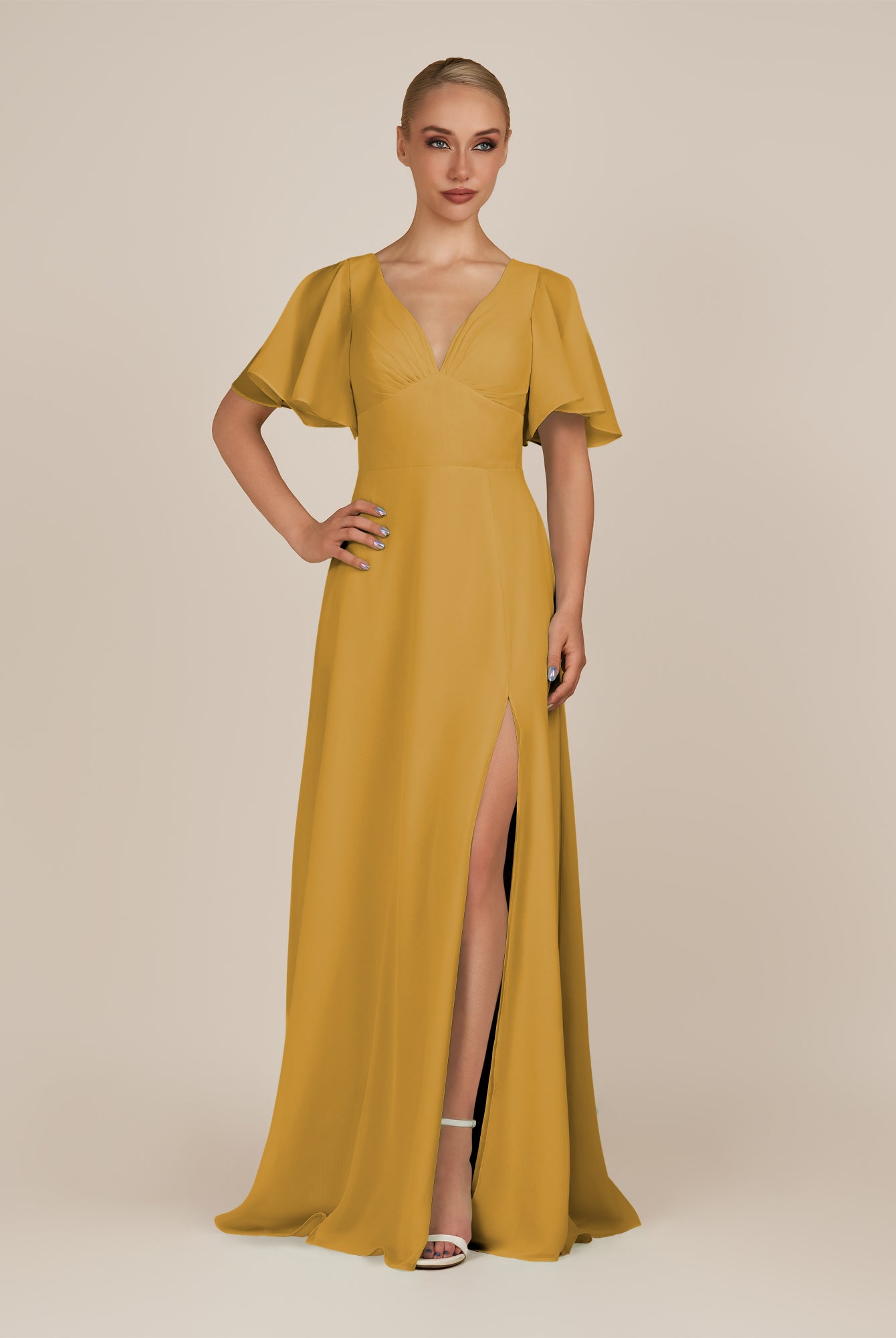 KissDress-Zorina Marigold Sheath Chiffon Cap Sleeves V Neck Long Bridesmaid Dress with Slit