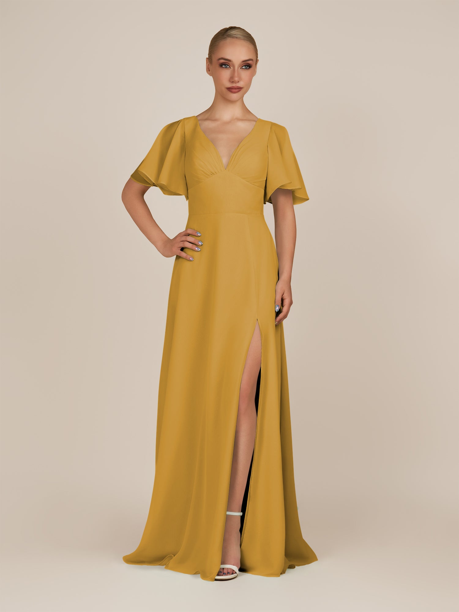 KissDress-Zorina Marigold Sheath Chiffon Cap Sleeves V Neck Long Bridesmaid Dress with Slit
