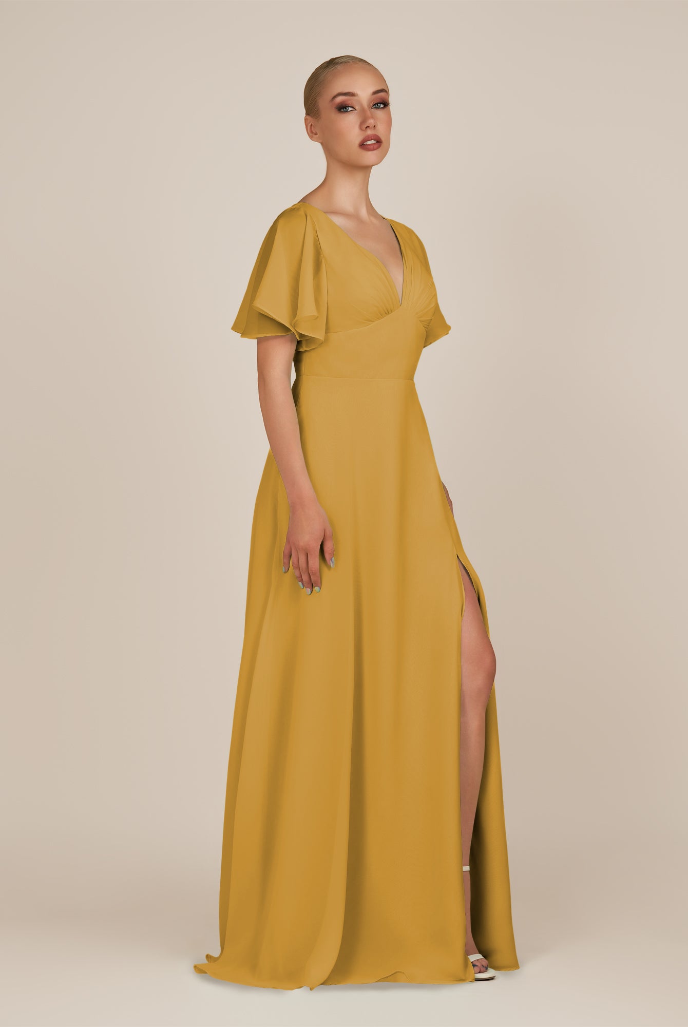 KissDress-Zorina Marigold Sheath Chiffon Cap Sleeves V Neck Long Bridesmaid Dress with Slit
