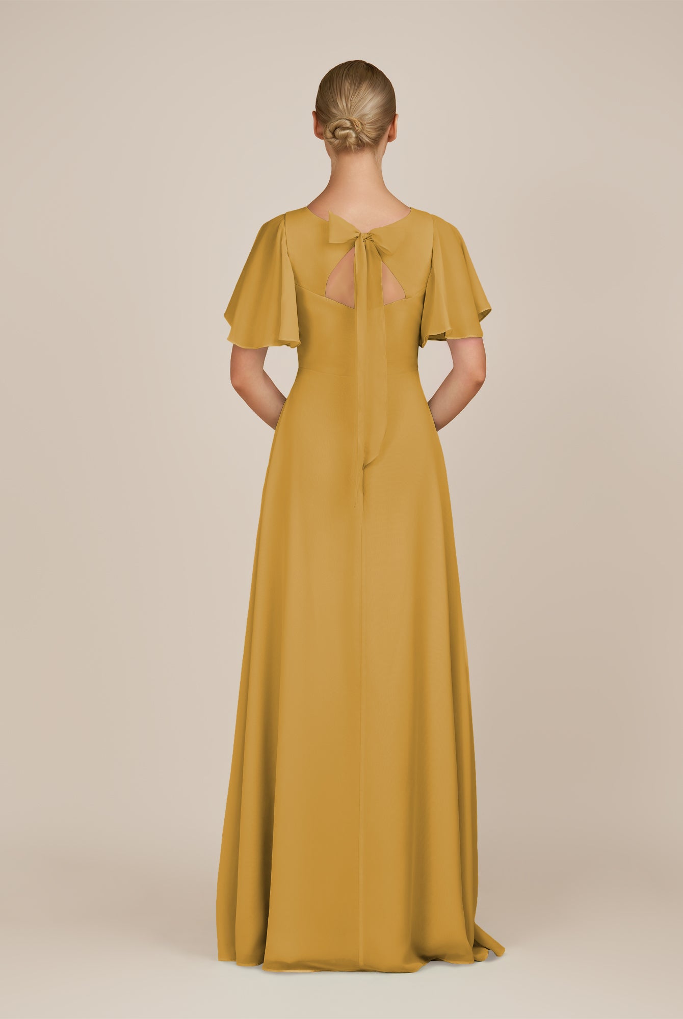 KissDress-Zorina Marigold Sheath Chiffon Cap Sleeves V Neck Long Bridesmaid Dress with Slit