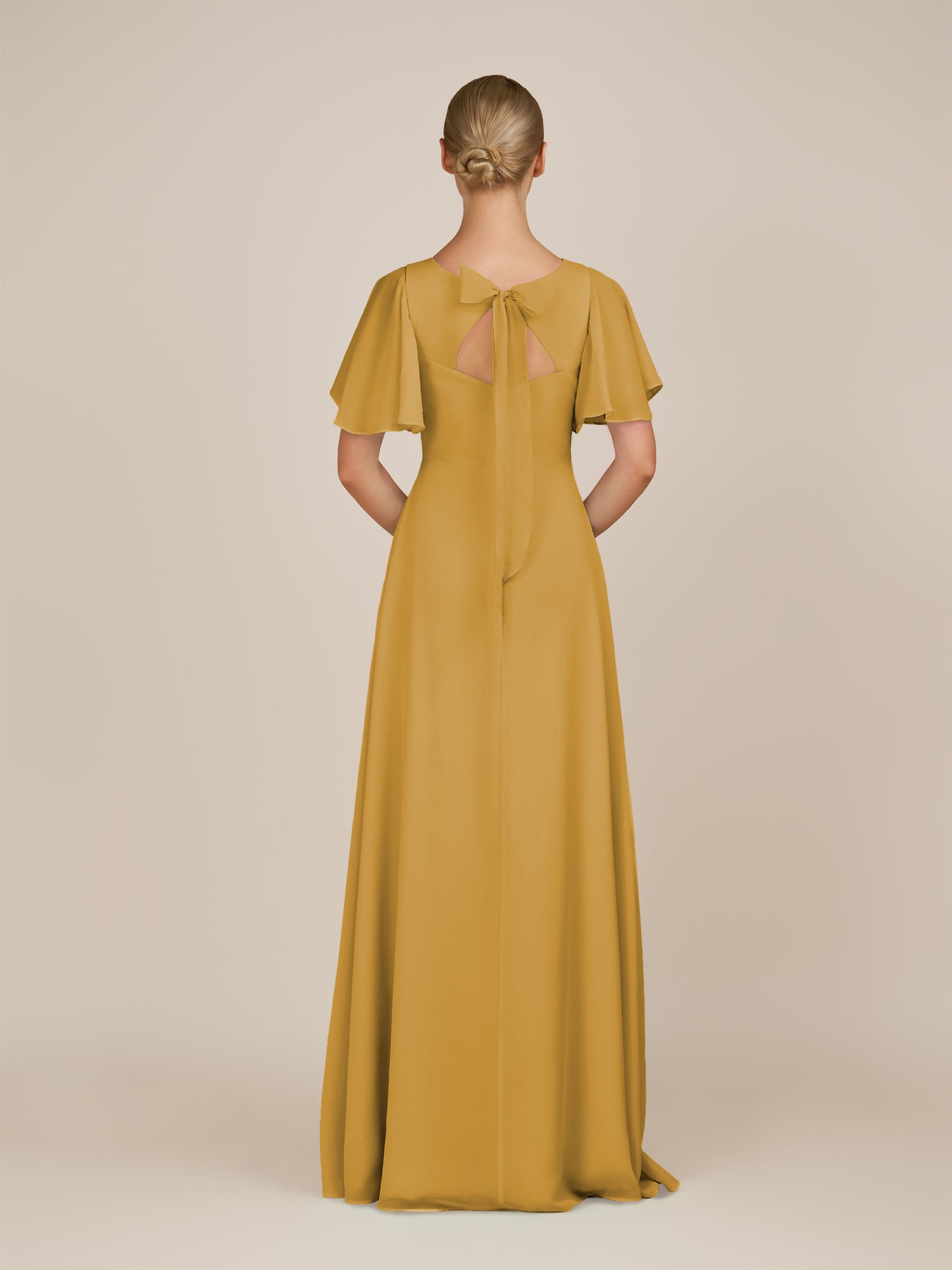 KissDress-Zorina Marigold Sheath Chiffon Cap Sleeves V Neck Long Bridesmaid Dress with Slit