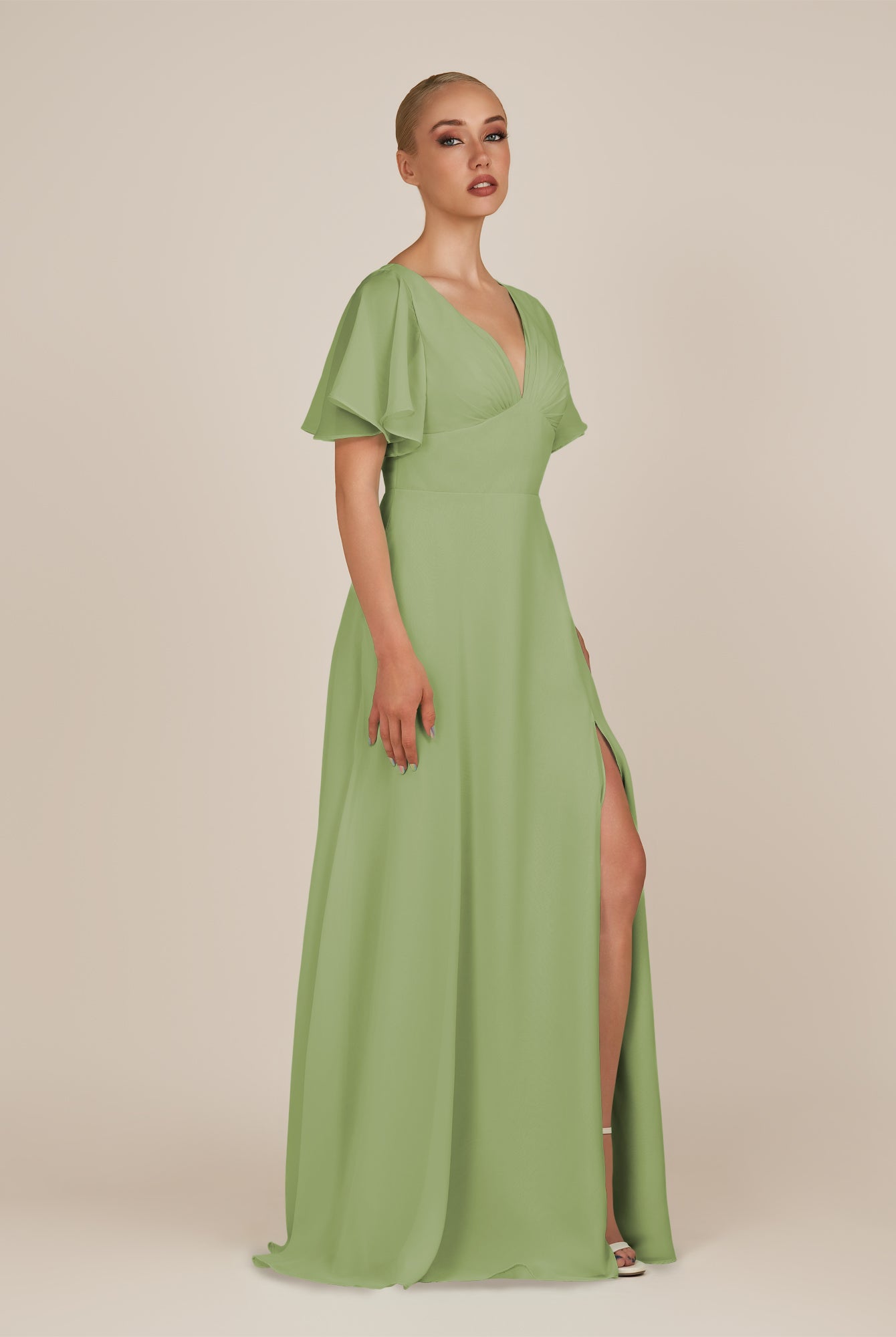 KissDress-Zorina Matcha Sheath Chiffon Cap Sleeves V Neck Long Bridesmaid Dress with Slit