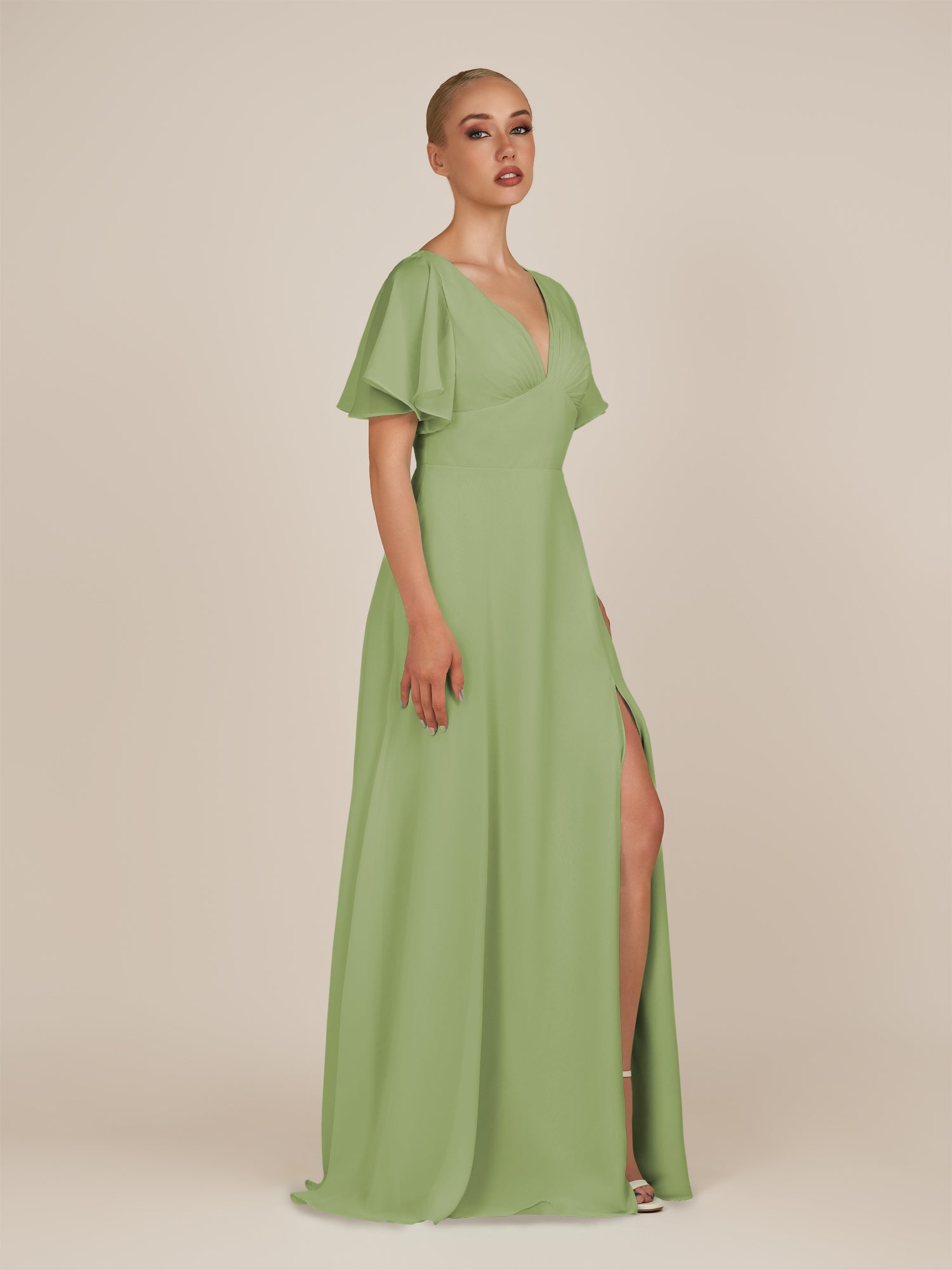 KissDress-Zorina Matcha Sheath Chiffon Cap Sleeves V Neck Long Bridesmaid Dress with Slit