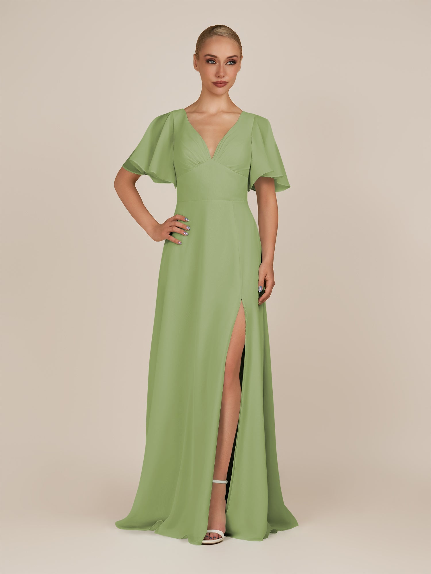 KissDress-Zorina Matcha Sheath Chiffon Cap Sleeves V Neck Long Bridesmaid Dress with Slit