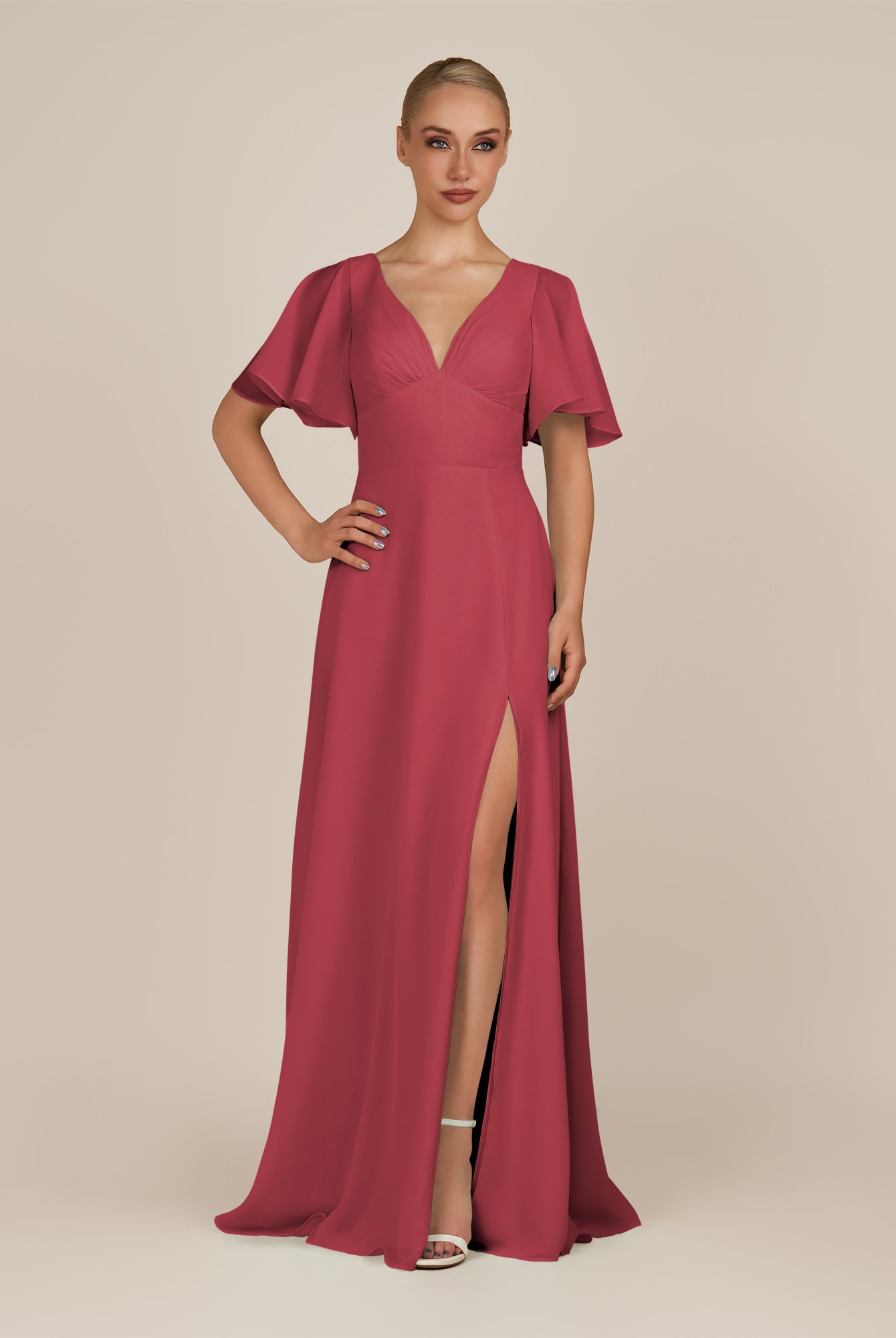 KissDress-Zorina Merlot Sheath Chiffon Cap Sleeves V Neck Long Bridesmaid Dress with Slit