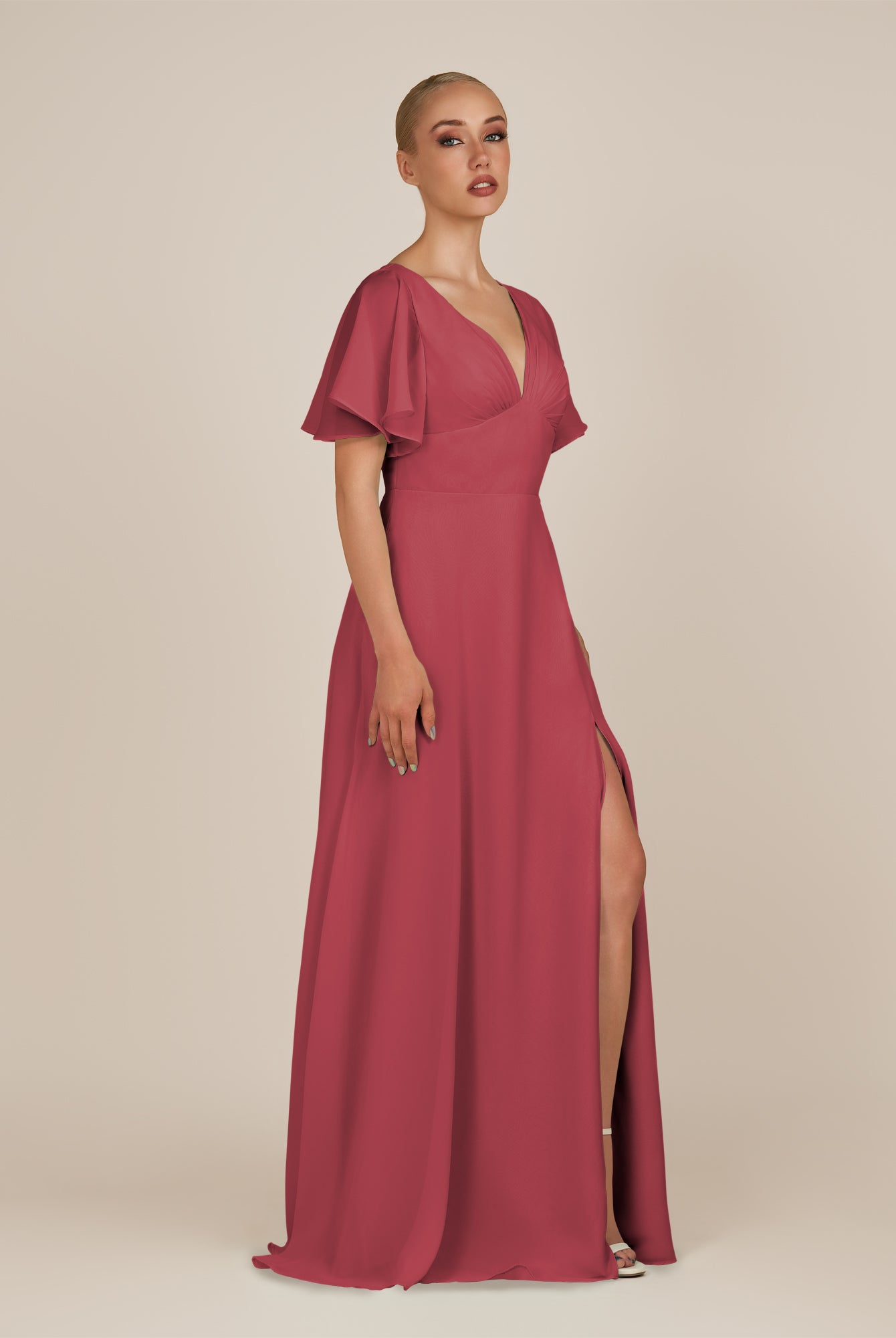 KissDress-Zorina Merlot Sheath Chiffon Cap Sleeves V Neck Long Bridesmaid Dress with Slit