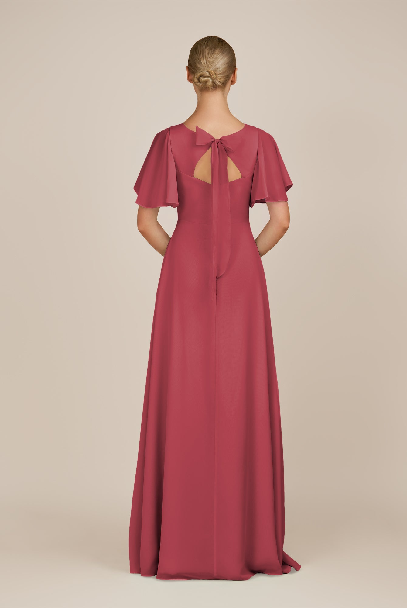 KissDress-Zorina Merlot Sheath Chiffon Cap Sleeves V Neck Long Bridesmaid Dress with Slit