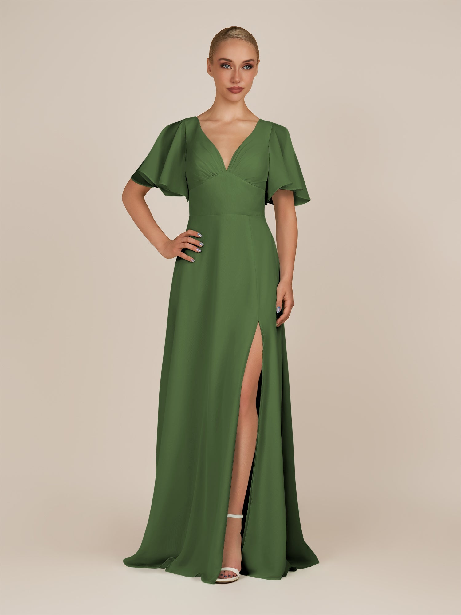 KissDress-Zorina Moss Sheath Chiffon Cap Sleeves V Neck Long Bridesmaid Dress with Slit