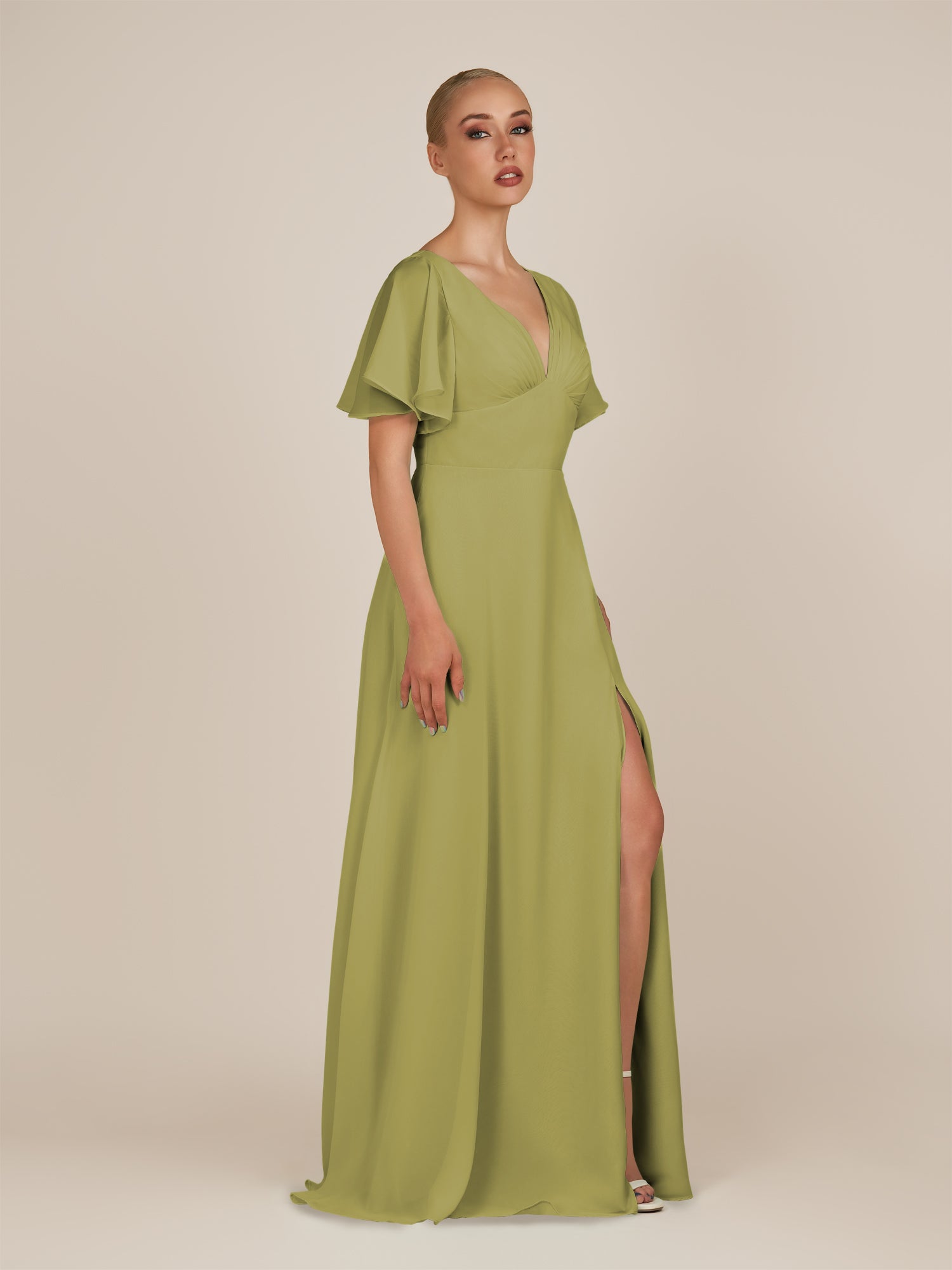 KissDress-Zorina Moss Green Sheath Chiffon Cap Sleeves V Neck Long Bridesmaid Dress with Slit