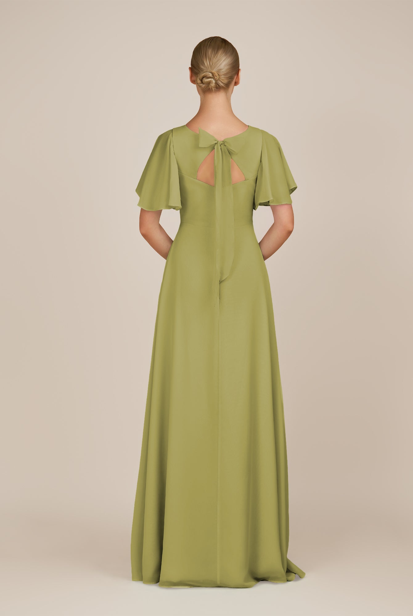 KissDress-Zorina Moss Green Sheath Chiffon Cap Sleeves V Neck Long Bridesmaid Dress with Slit
