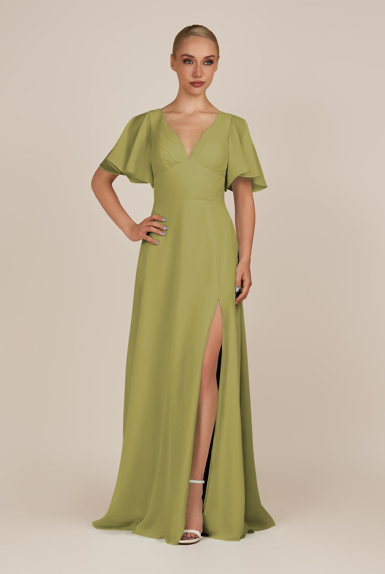 KissDress-Zorina Moss Green Sheath Chiffon Cap Sleeves V Neck Long Bridesmaid Dress with Slit