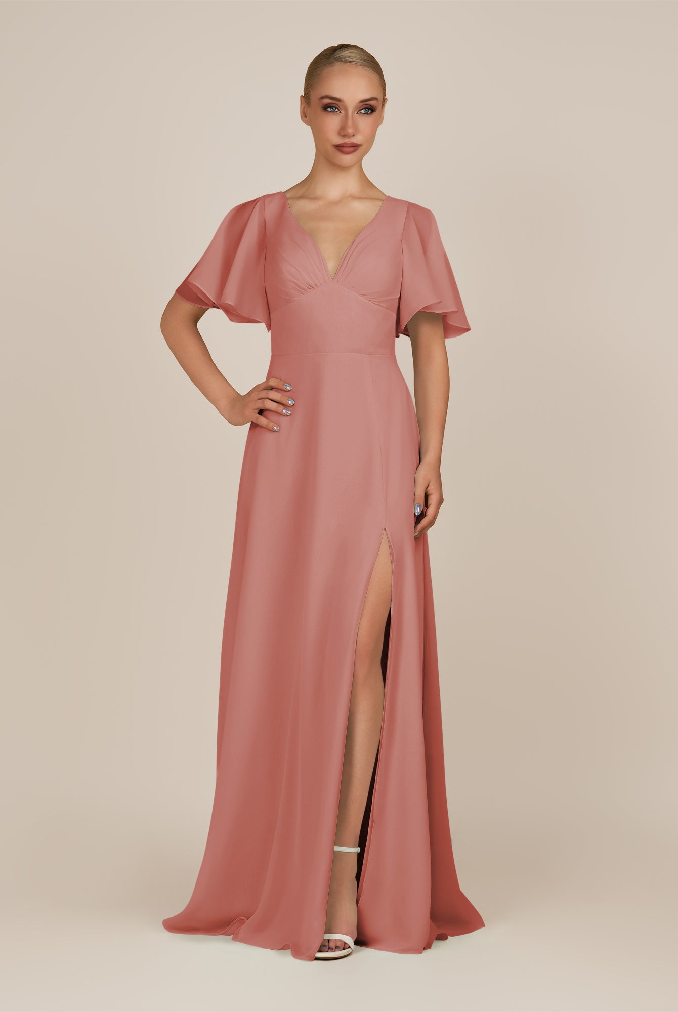 KissDress-Zorina Mulberry Sheath Chiffon Cap Sleeves V Neck Long Bridesmaid Dress with Slit