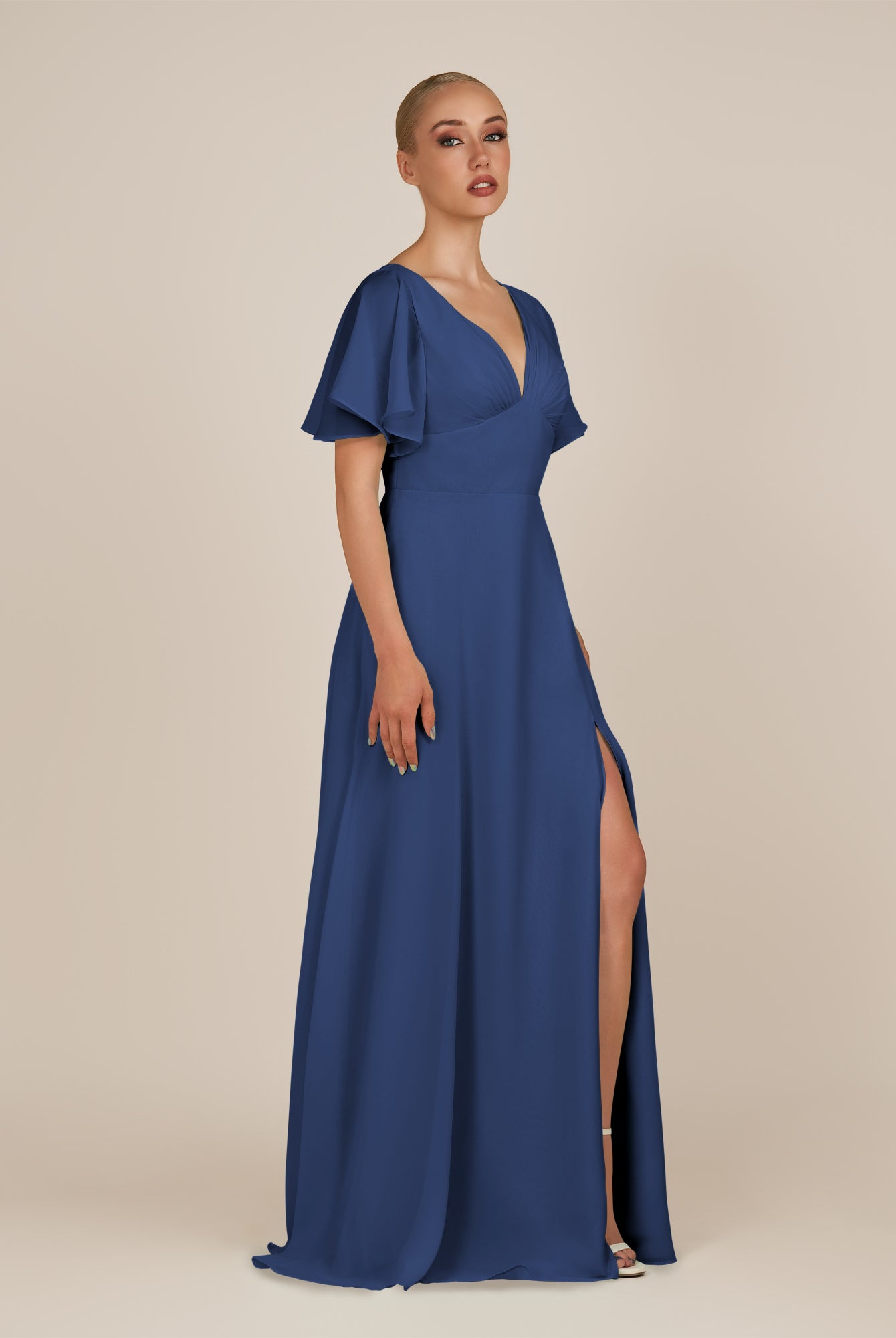 KissDress-Zorina Navy Sheath Chiffon Cap Sleeves V Neck Long Bridesmaid Dress with Slit