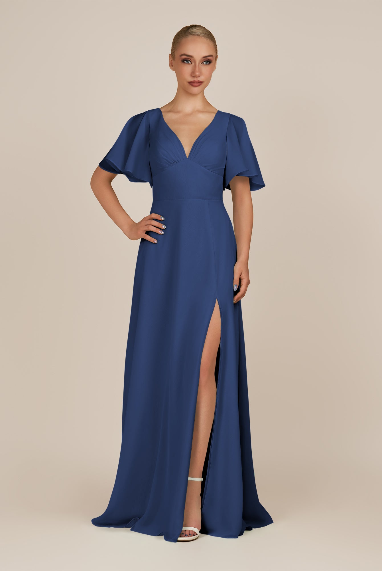 KissDress-Zorina Navy Sheath Chiffon Cap Sleeves V Neck Long Bridesmaid Dress with Slit