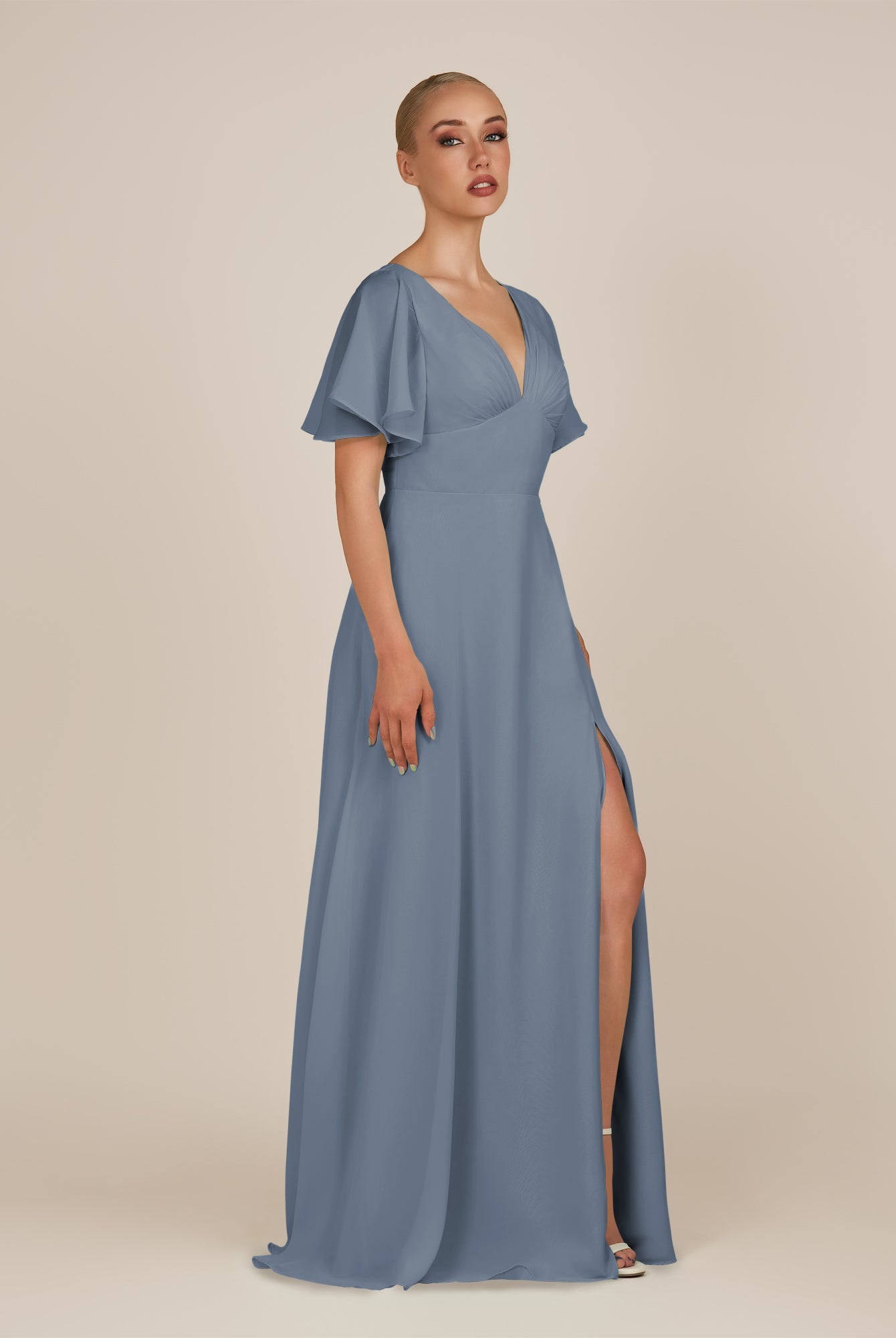 KissDress-Zorina Neptune Sheath Chiffon Cap Sleeves V Neck Long Bridesmaid Dress with Slit