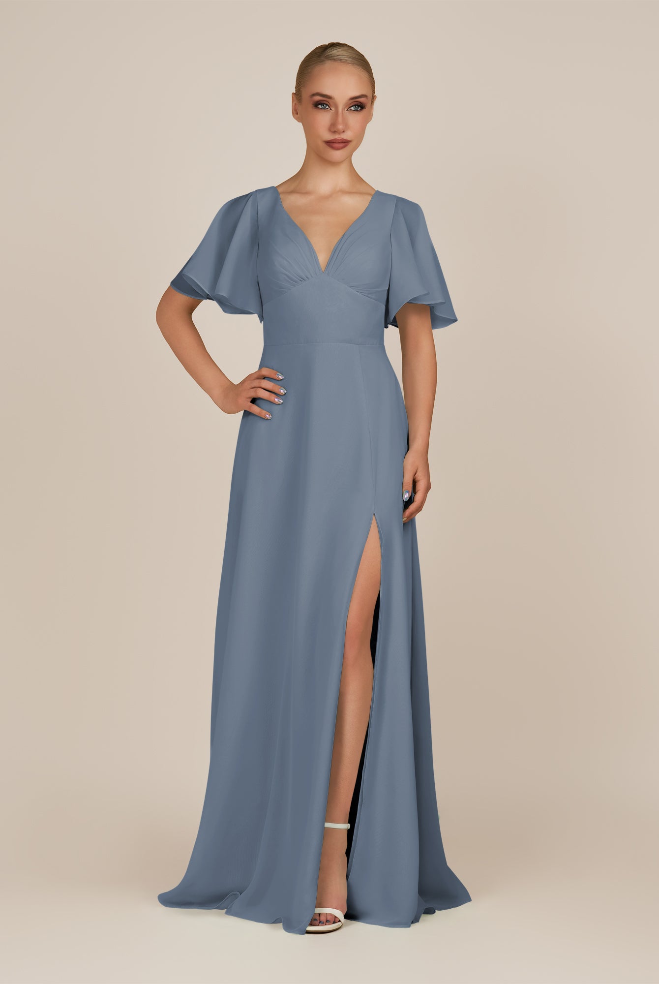 KissDress-Zorina Neptune Sheath Chiffon Cap Sleeves V Neck Long Bridesmaid Dress with Slit