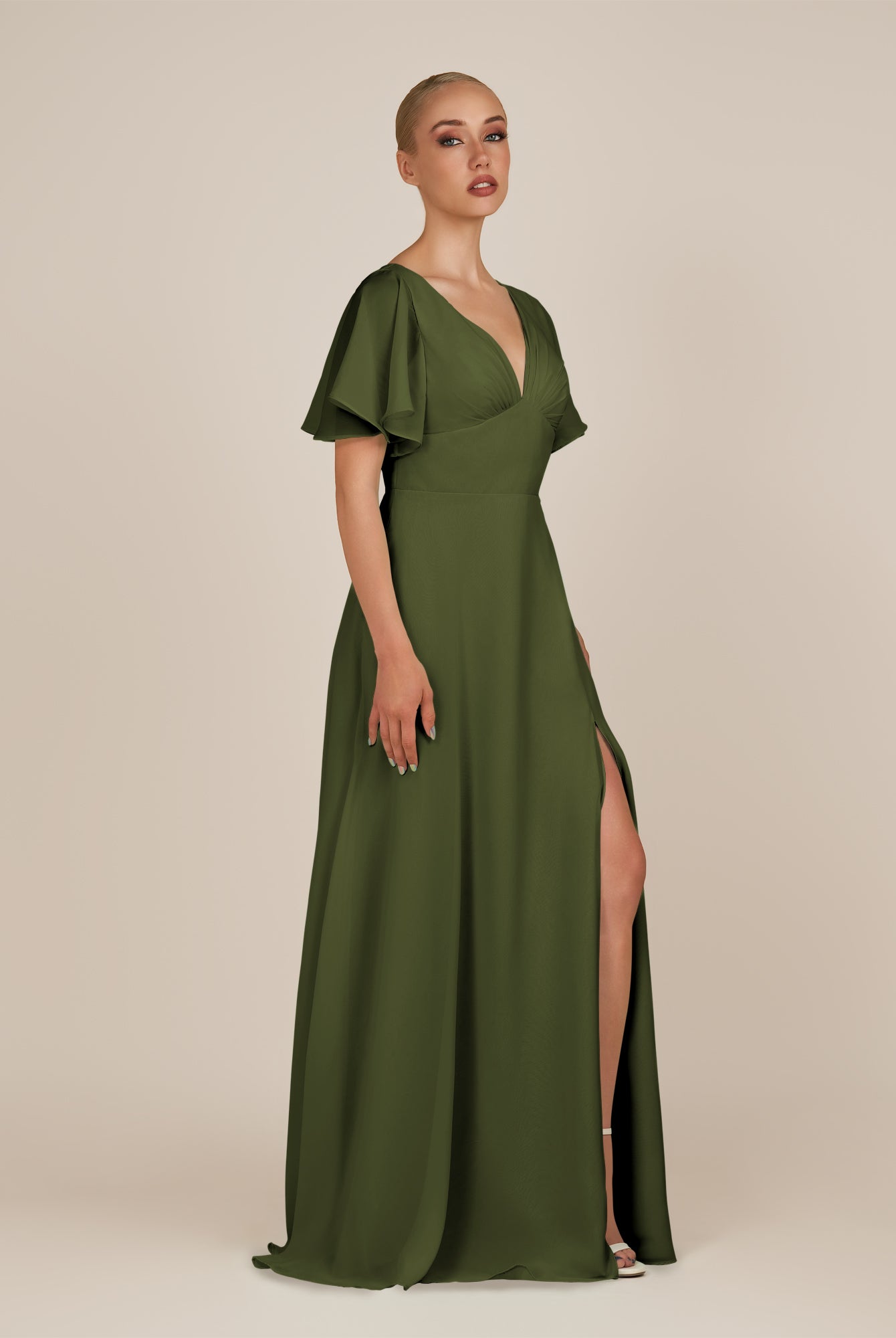 KissDress-Zorina Olive Sheath Chiffon Cap Sleeves V Neck Long Bridesmaid Dress with Slit