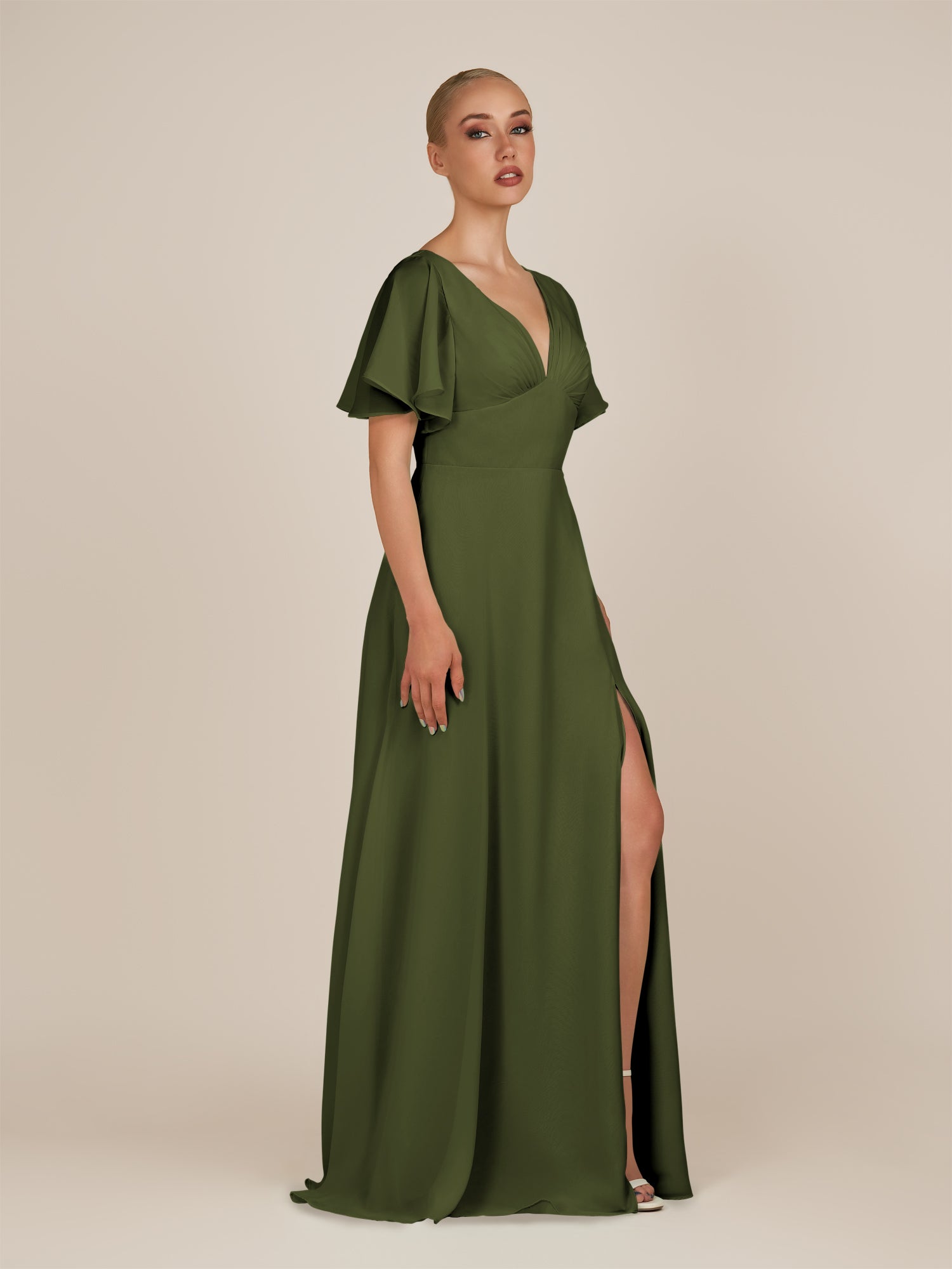 KissDress-Zorina Olive Sheath Chiffon Cap Sleeves V Neck Long Bridesmaid Dress with Slit