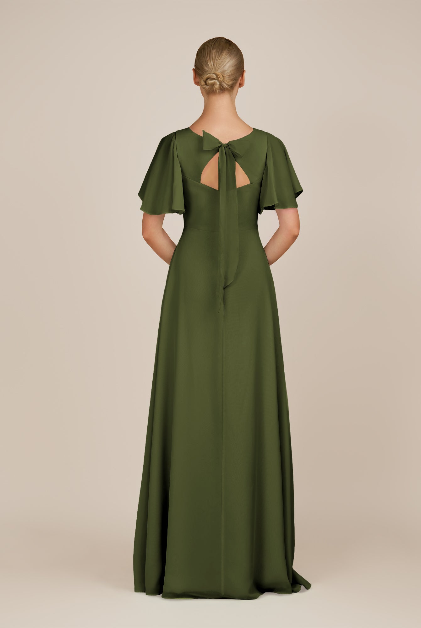 KissDress-Zorina Olive Sheath Chiffon Cap Sleeves V Neck Long Bridesmaid Dress with Slit