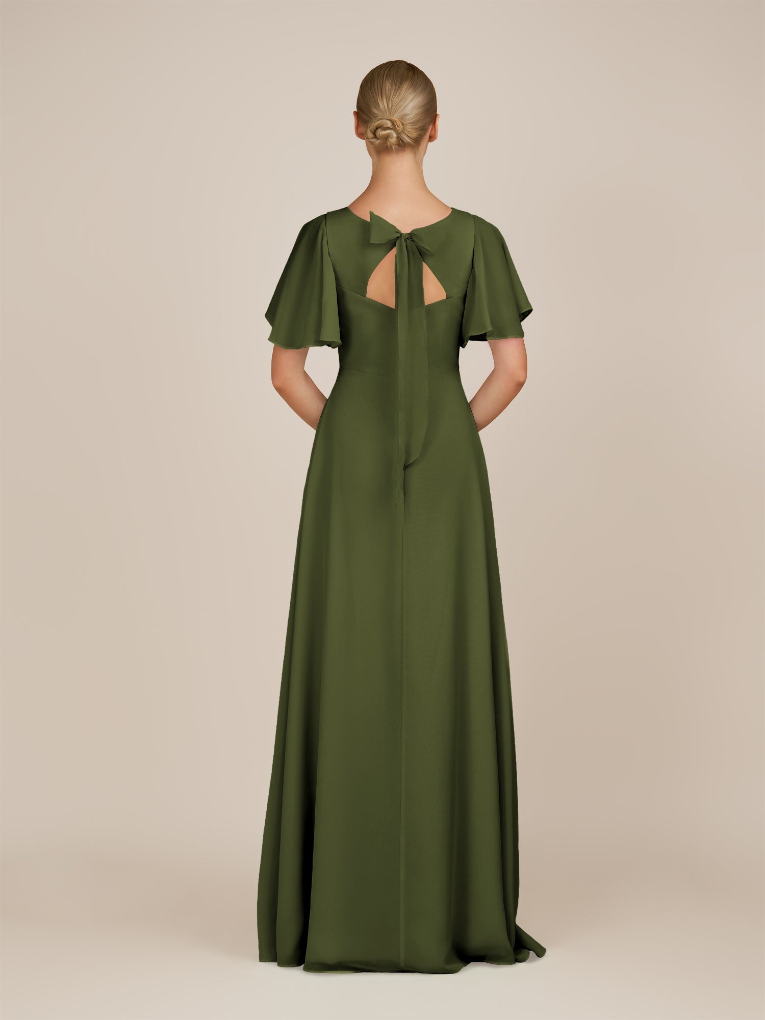 KissDress-Zorina Olive Sheath Chiffon Cap Sleeves V Neck Long Bridesmaid Dress with Slit