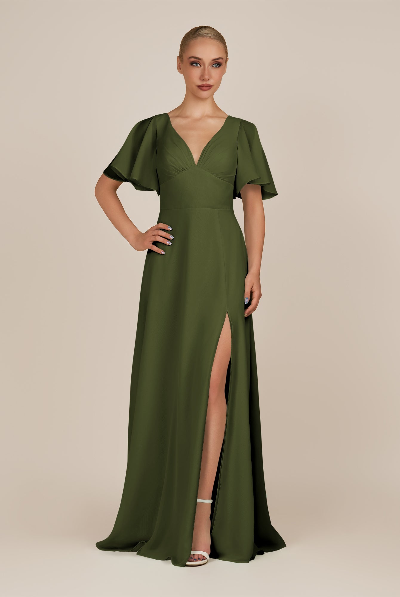 KissDress-Zorina Olive Sheath Chiffon Cap Sleeves V Neck Long Bridesmaid Dress with Slit