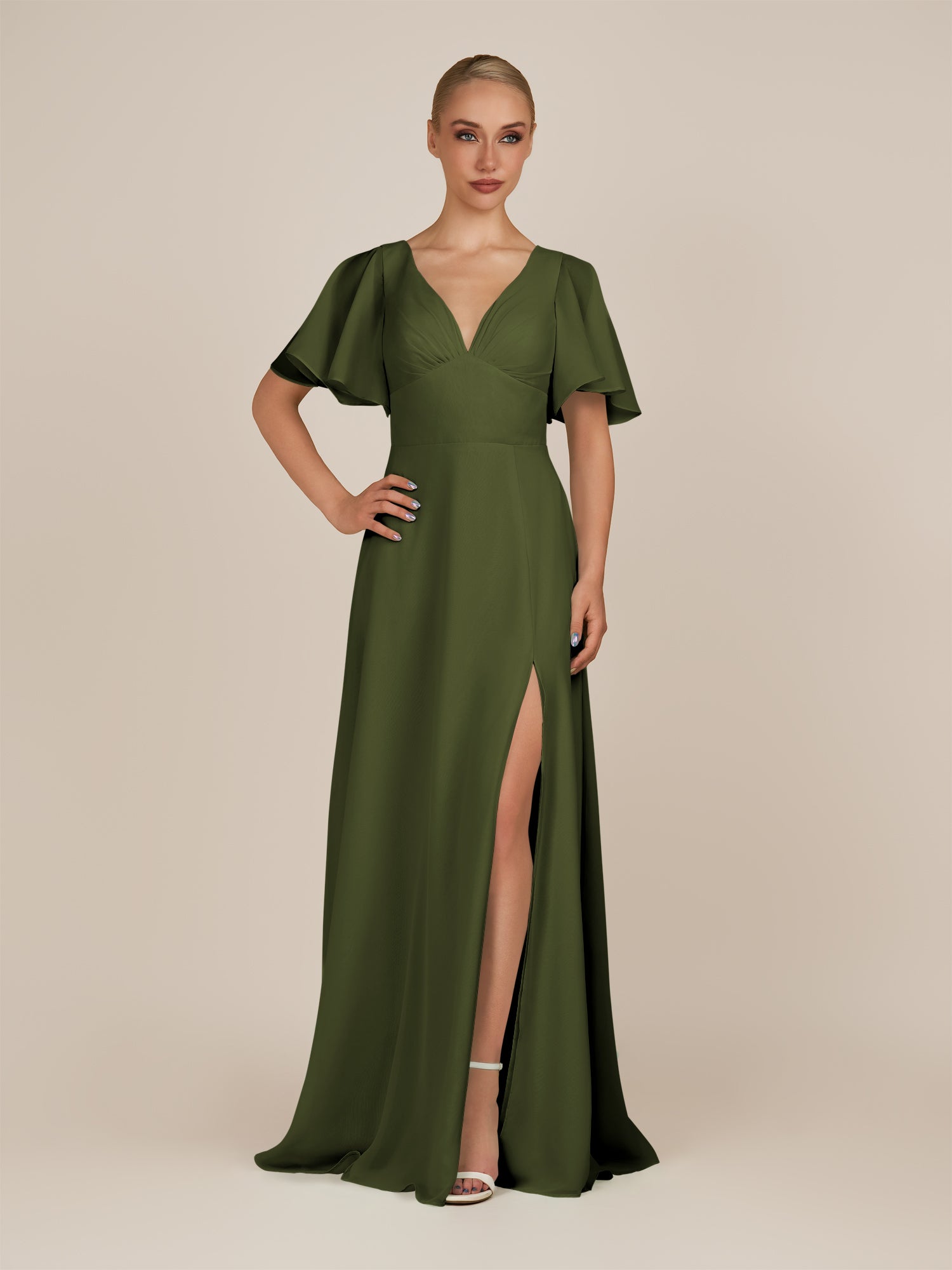 KissDress-Zorina Olive Sheath Chiffon Cap Sleeves V Neck Long Bridesmaid Dress with Slit