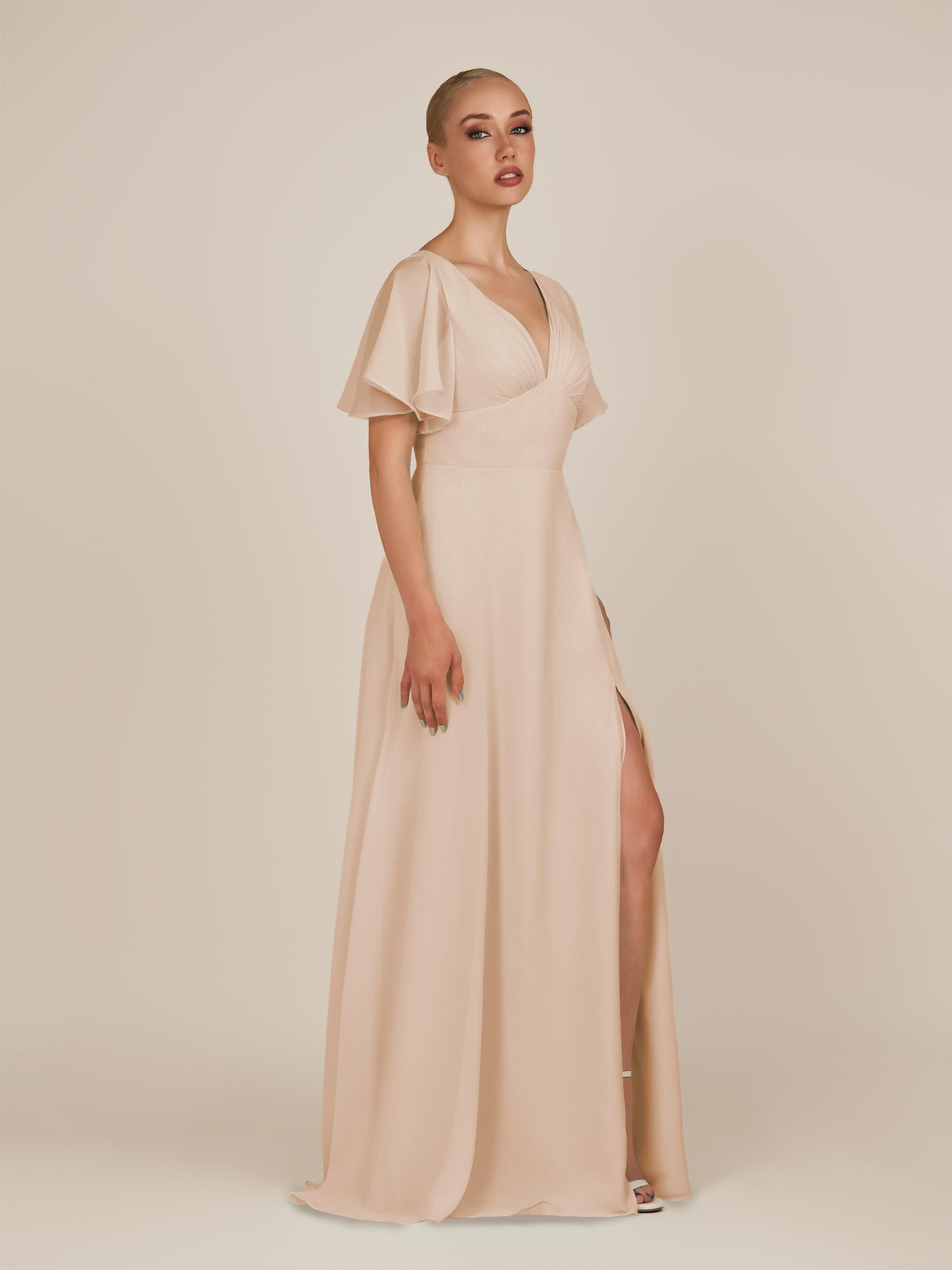 KissDress-Zorina Pale Blush Sheath Chiffon Cap Sleeves V Neck Long Bridesmaid Dress with Slit