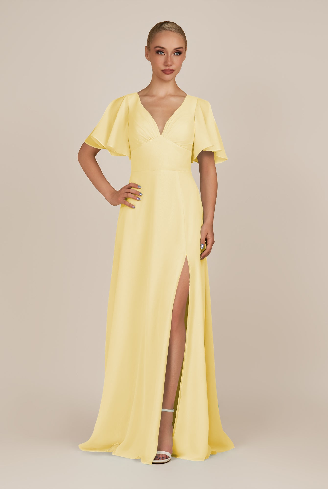 KissDress-Zorina Pastel Yellow Sheath Chiffon Cap Sleeves V Neck Long Bridesmaid Dress with Slit