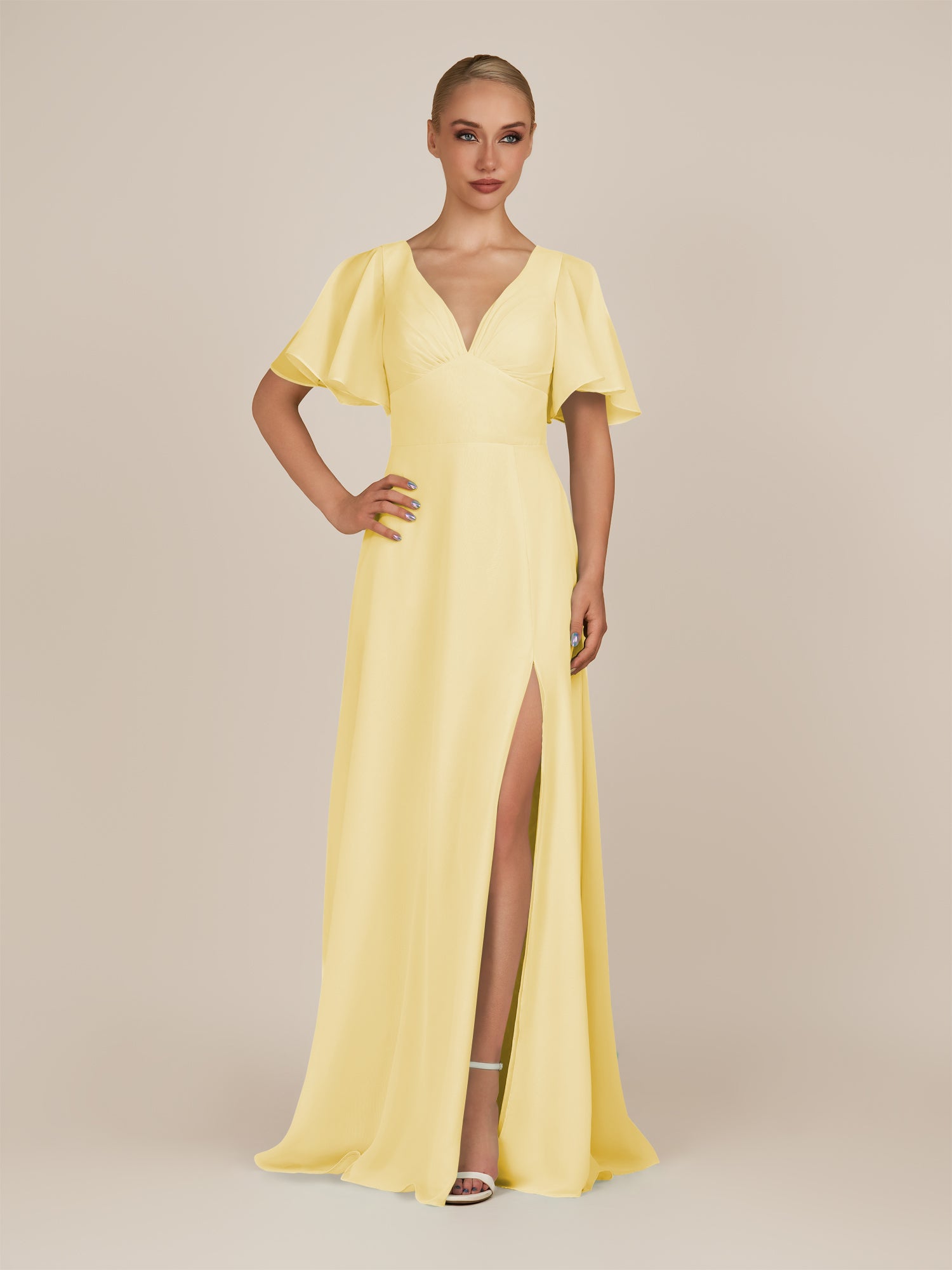 KissDress-Zorina Pastel Yellow Sheath Chiffon Cap Sleeves V Neck Long Bridesmaid Dress with Slit