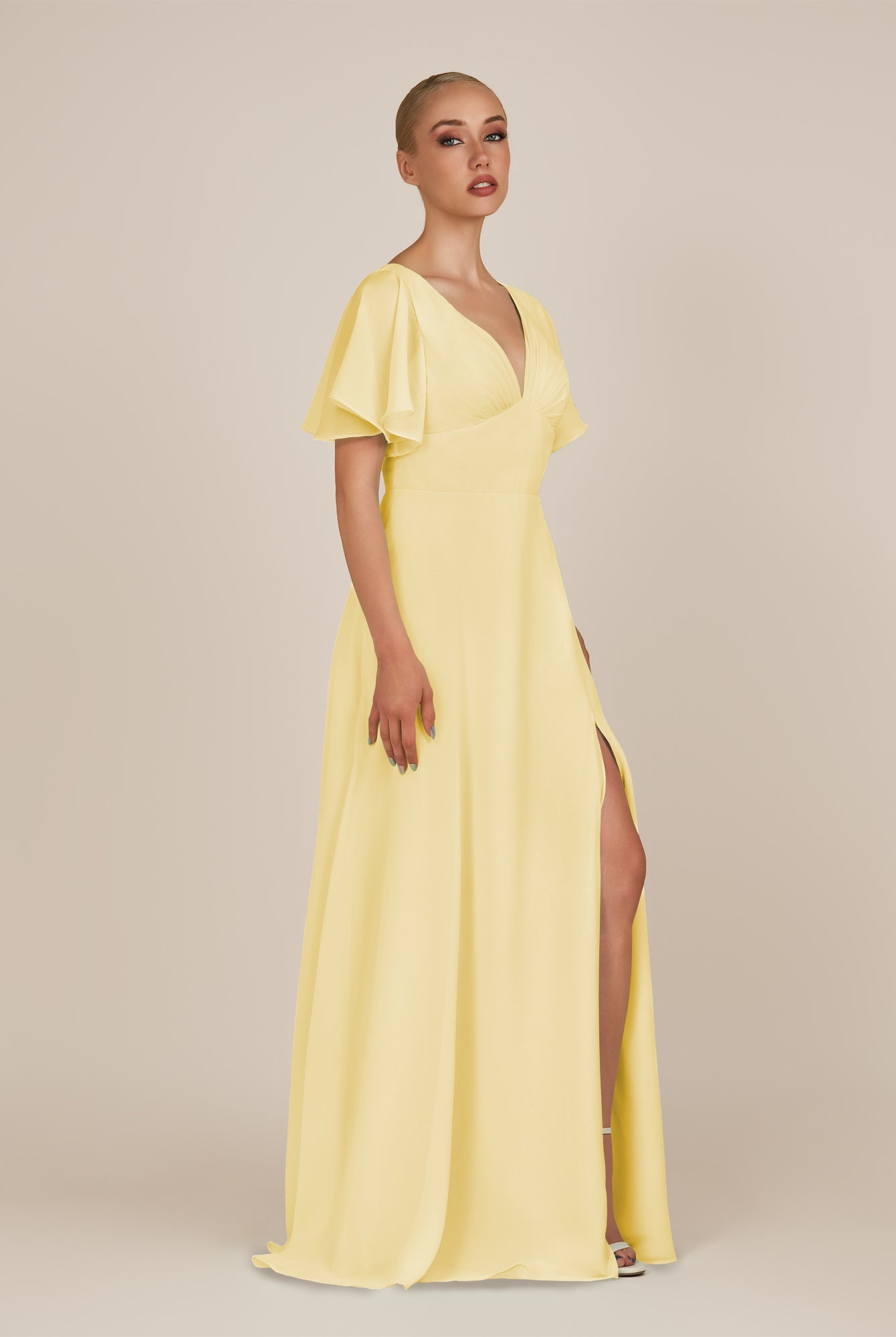 KissDress-Zorina Pastel Yellow Sheath Chiffon Cap Sleeves V Neck Long Bridesmaid Dress with Slit