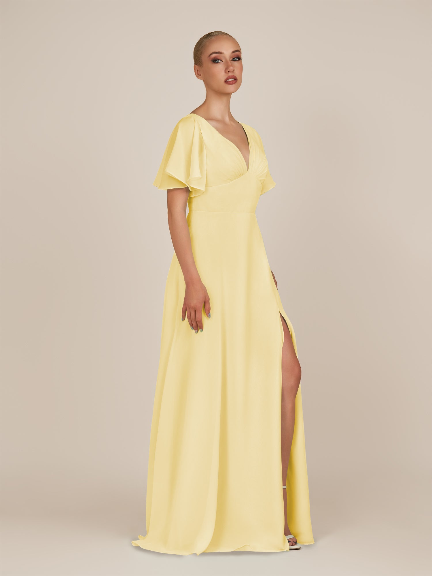 KissDress-Zorina Pastel Yellow Sheath Chiffon Cap Sleeves V Neck Long Bridesmaid Dress with Slit