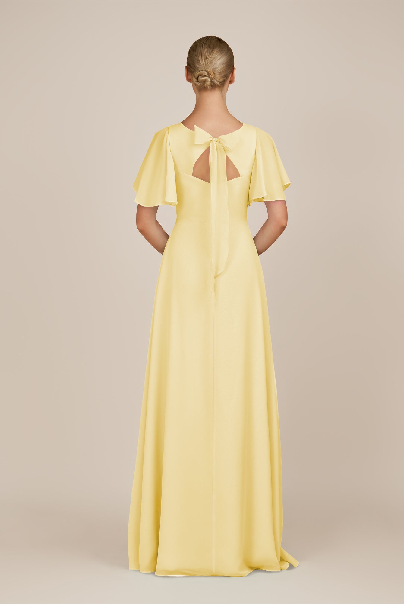 KissDress-Zorina Pastel Yellow Sheath Chiffon Cap Sleeves V Neck Long Bridesmaid Dress with Slit