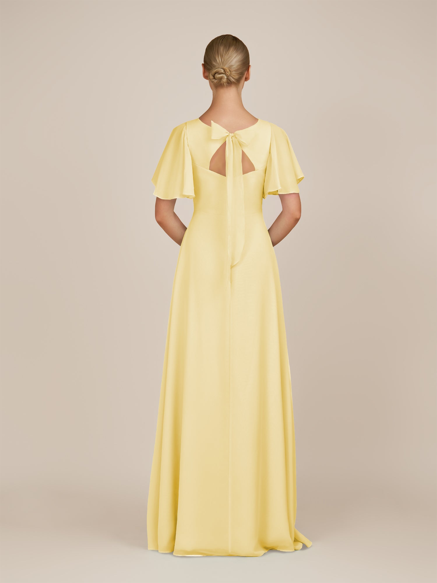 KissDress-Zorina Pastel Yellow Sheath Chiffon Cap Sleeves V Neck Long Bridesmaid Dress with Slit