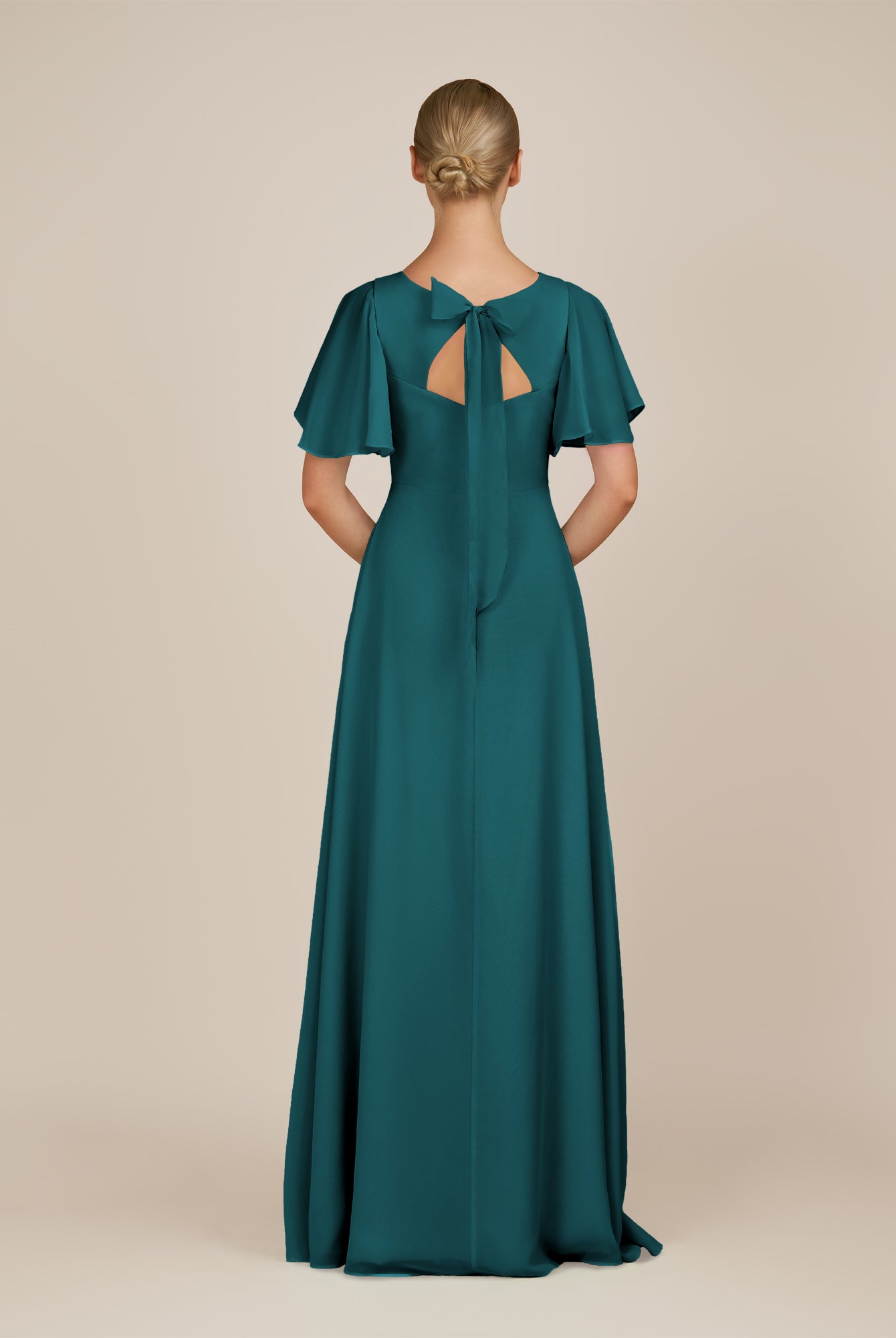 KissDress-Zorina Pine Sheath Chiffon Cap Sleeves V Neck Long Bridesmaid Dress with Slit