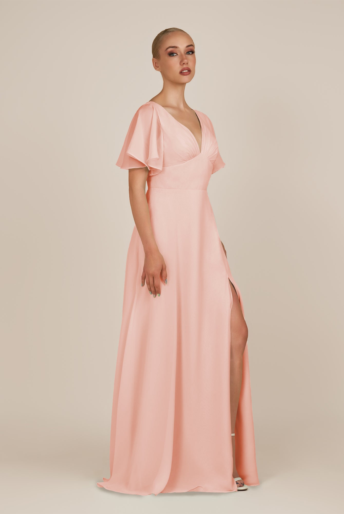 KissDress-Zorina Rose Petal Sheath Chiffon Cap Sleeves V Neck Long Bridesmaid Dress with Slit