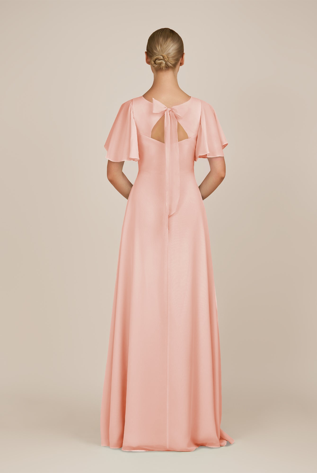 KissDress-Zorina Rose Petal Sheath Chiffon Cap Sleeves V Neck Long Bridesmaid Dress with Slit