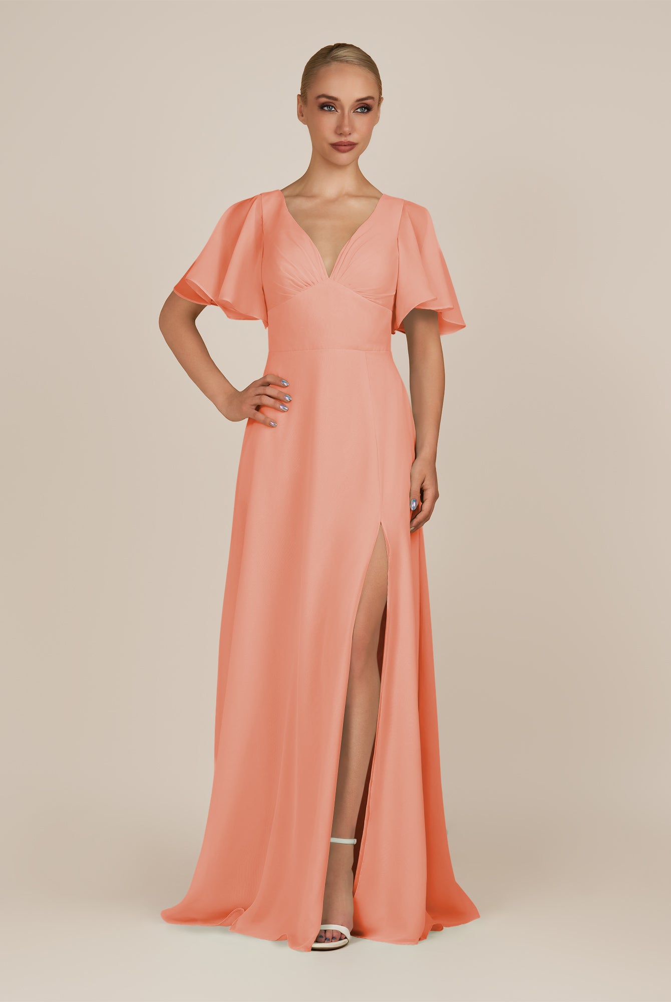 KissDress-Zorina Rosette Sheath Chiffon Cap Sleeves V Neck Long Bridesmaid Dress with Slit