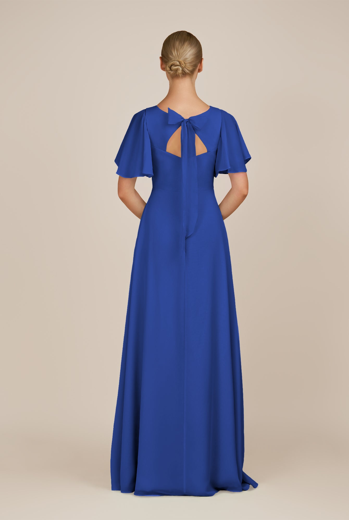KissDress-Zorina Royal Blue Sheath Chiffon Cap Sleeves V Neck Long Bridesmaid Dress with Slit