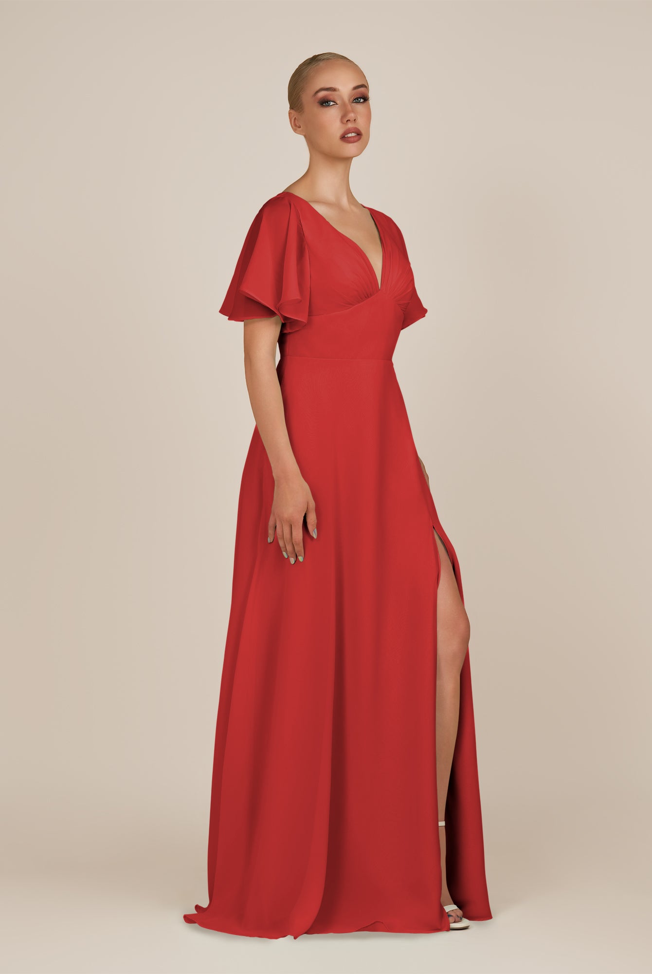 KissDress-Zorina Ruby Red Sheath Chiffon Cap Sleeves V Neck Long Bridesmaid Dress with Slit