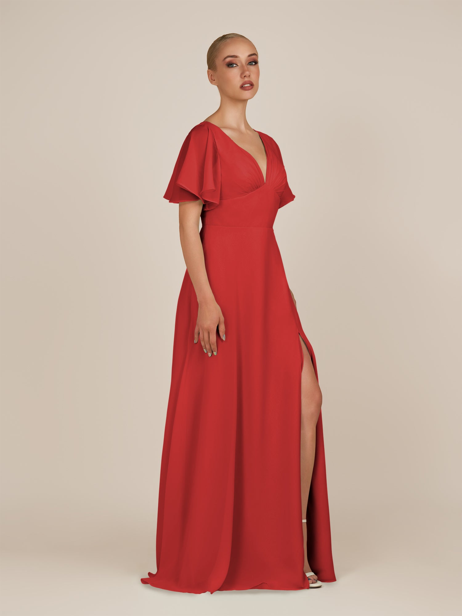 KissDress-Zorina Ruby Red Sheath Chiffon Cap Sleeves V Neck Long Bridesmaid Dress with Slit