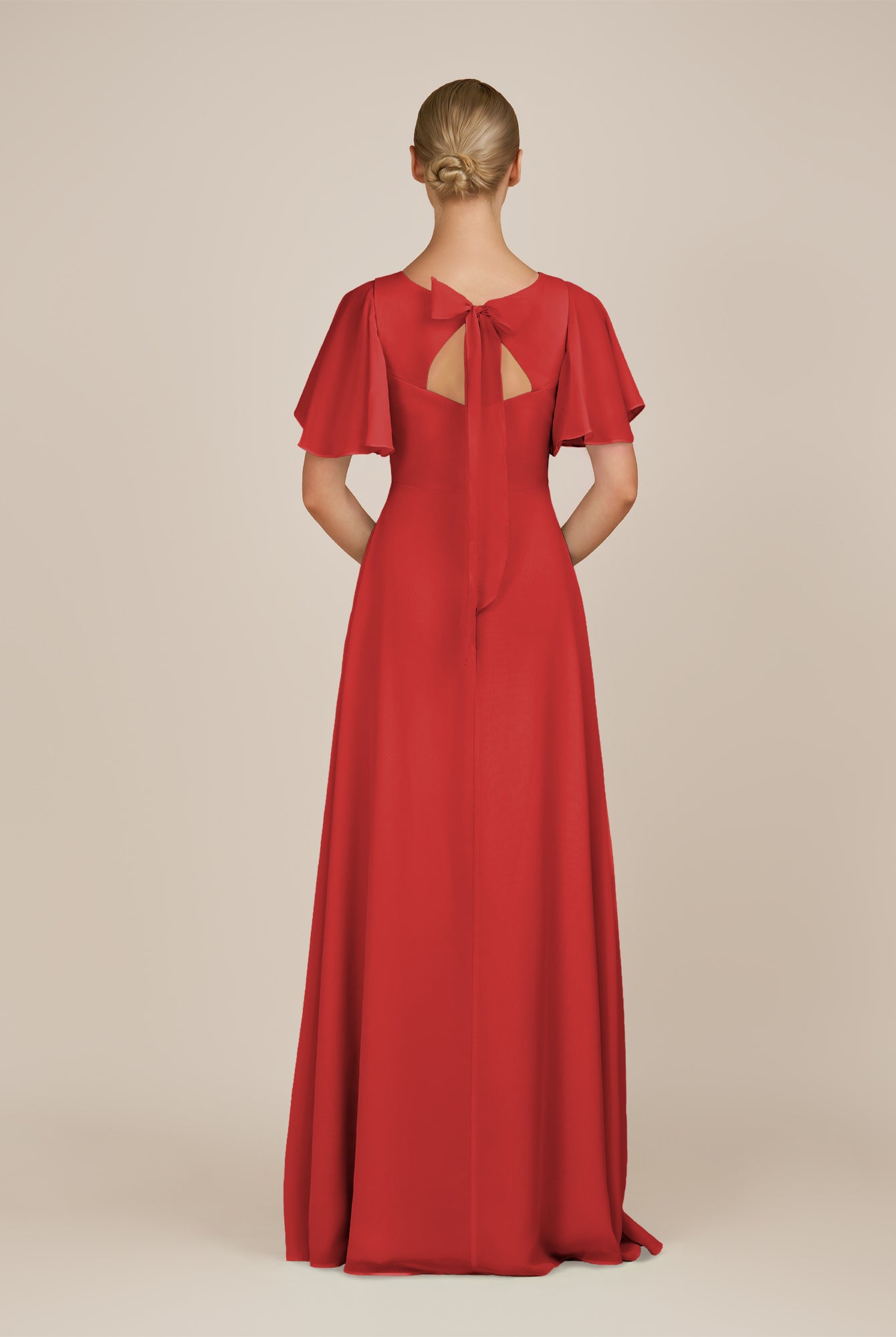 KissDress-Zorina Ruby Red Sheath Chiffon Cap Sleeves V Neck Long Bridesmaid Dress with Slit