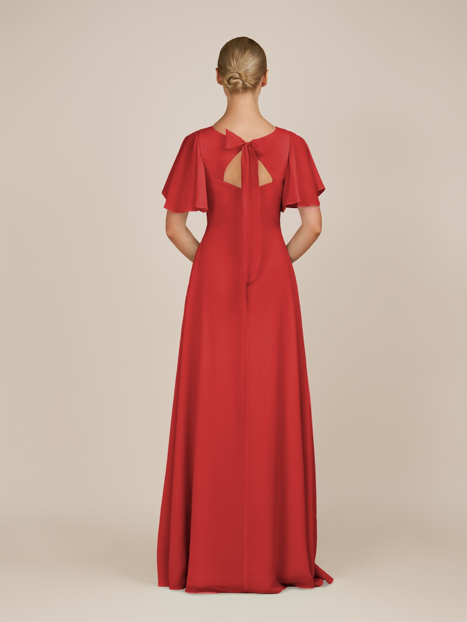 KissDress-Zorina Ruby Red Sheath Chiffon Cap Sleeves V Neck Long Bridesmaid Dress with Slit