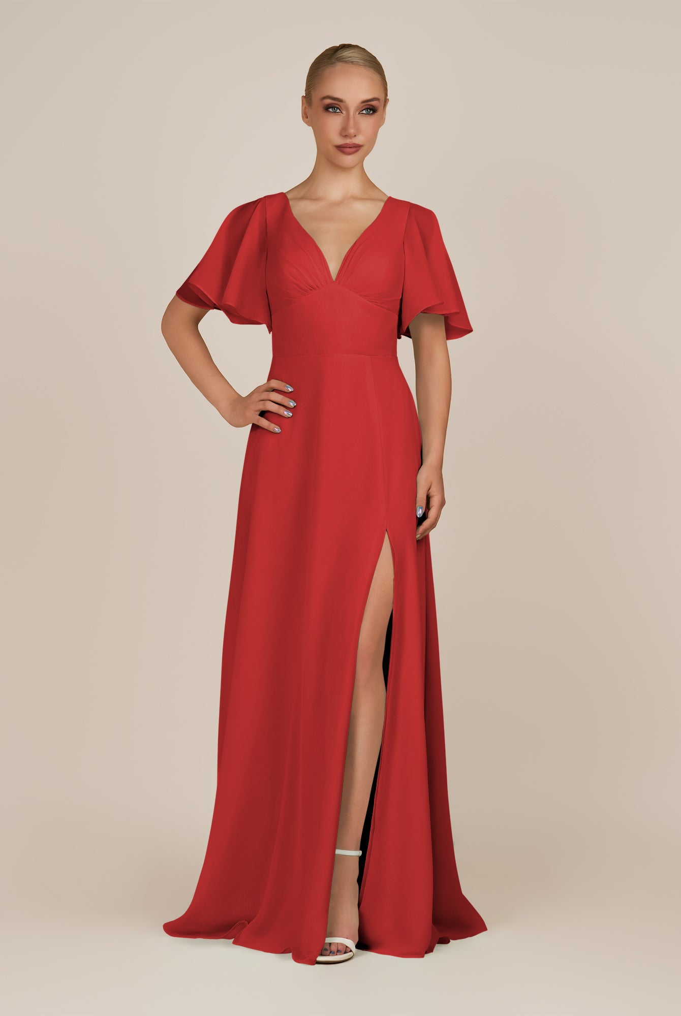 KissDress-Zorina Ruby Red Sheath Chiffon Cap Sleeves V Neck Long Bridesmaid Dress with Slit