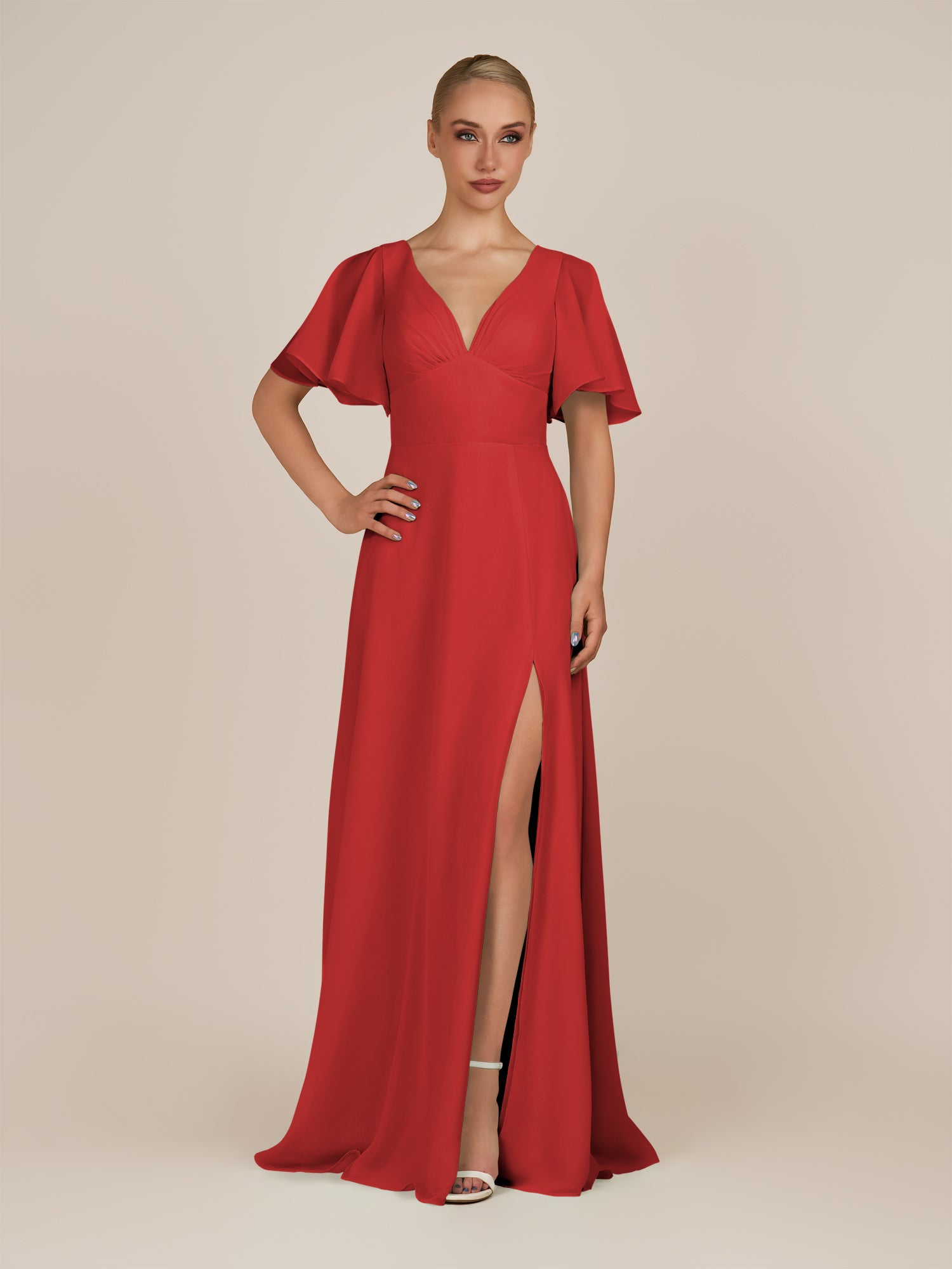 KissDress-Zorina Ruby Red Sheath Chiffon Cap Sleeves V Neck Long Bridesmaid Dress with Slit