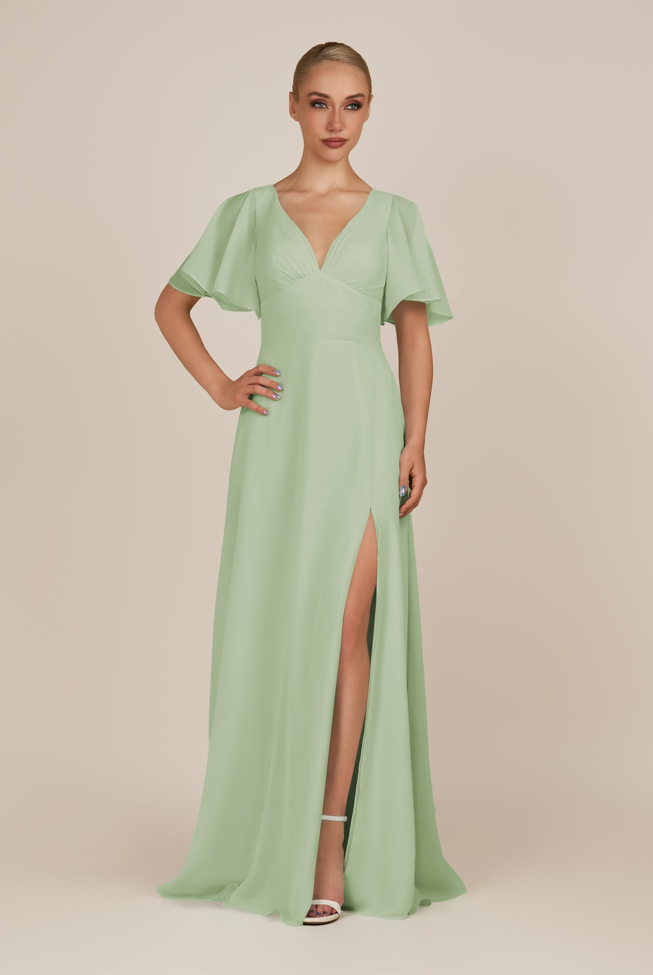KissDress-Zorina Sage Sheath Chiffon Cap Sleeves V Neck Long Bridesmaid Dress with Slit